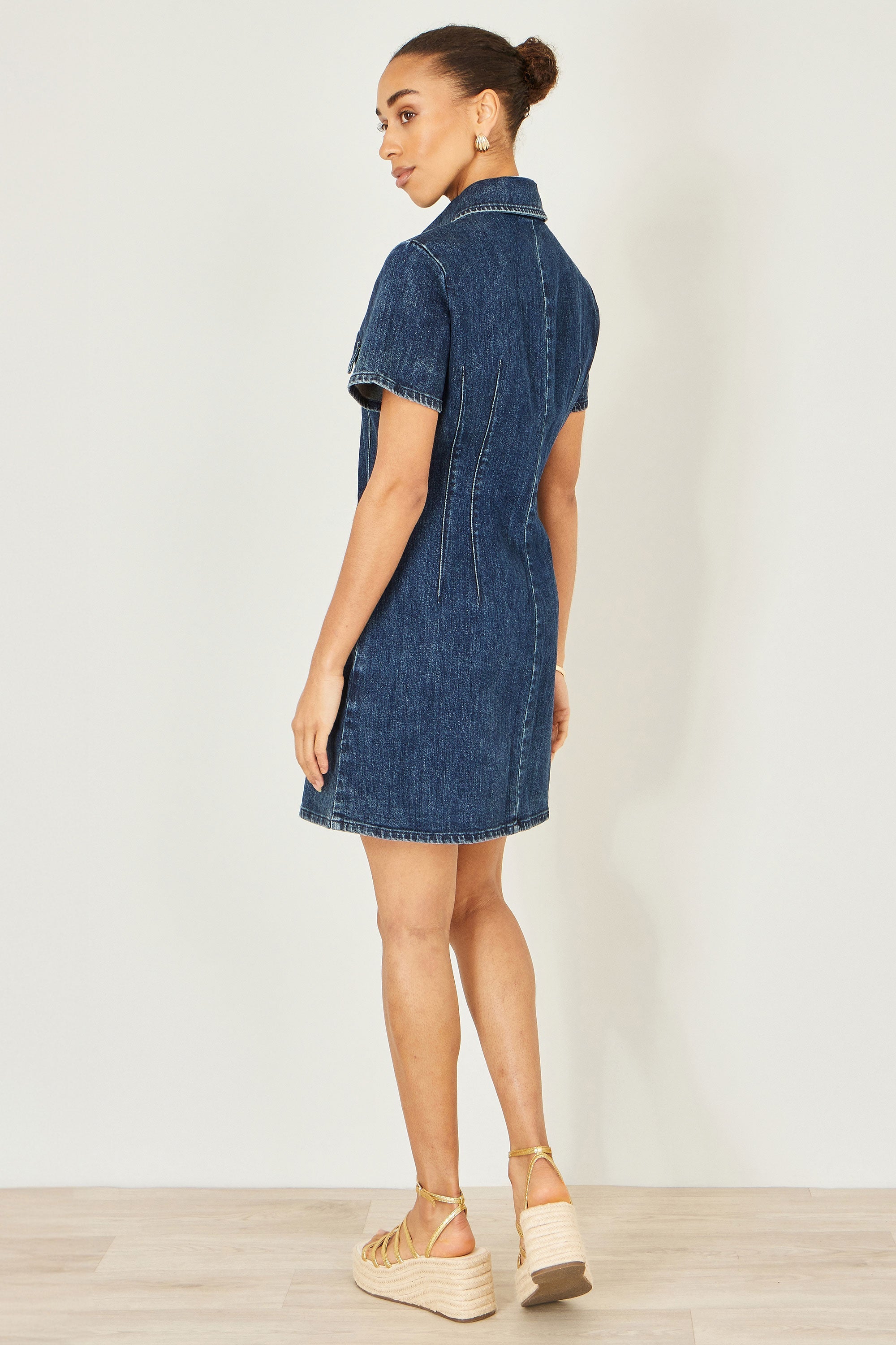 Yumi Blue Denim Stretch Shirt Dress With Pocket Details - QHA UK
