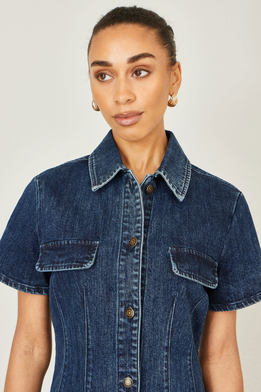 Yumi Blue Denim Stretch Shirt Dress With Pocket Details - QHA UK
