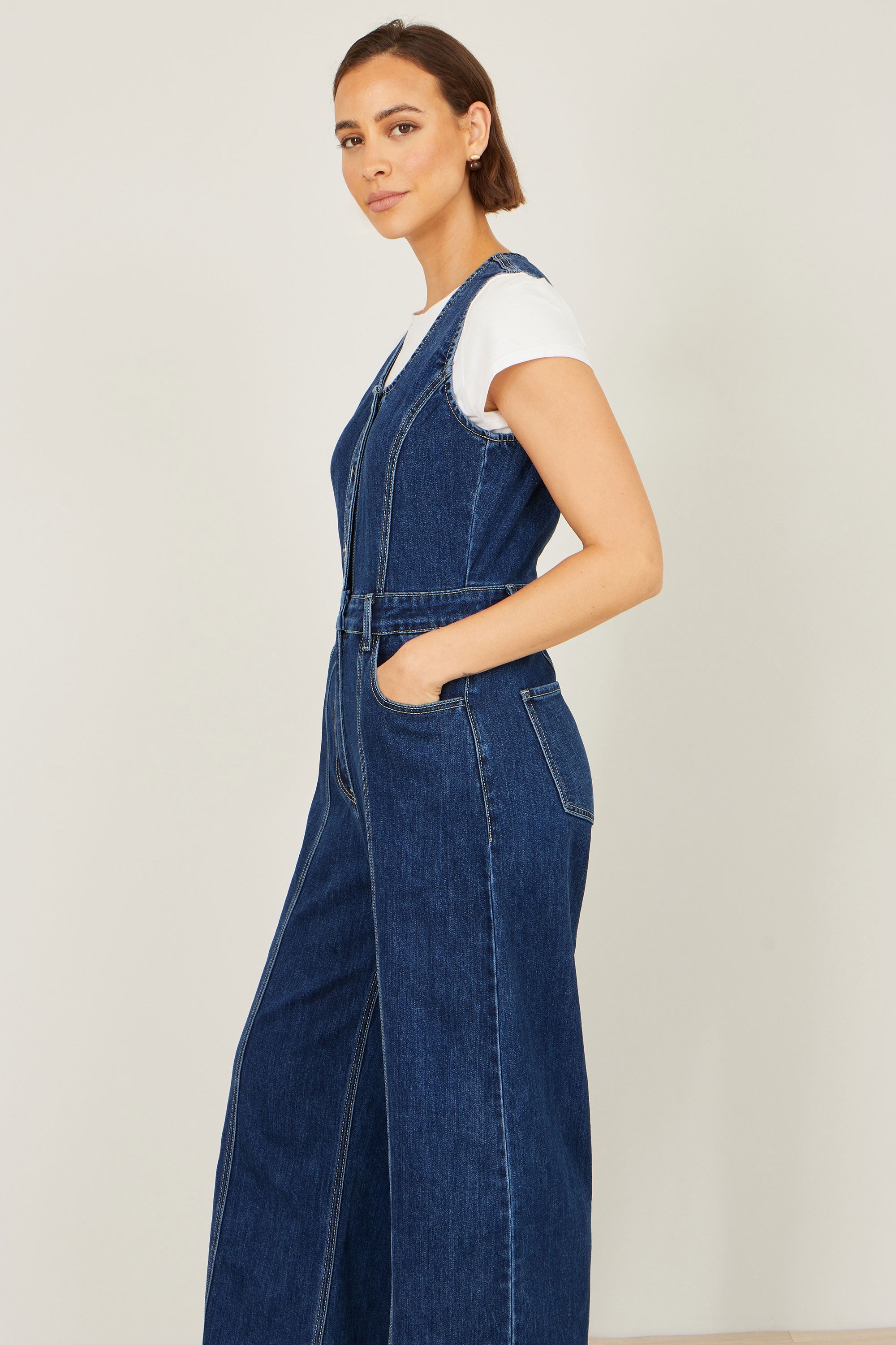 Yumi Blue Denim Stretch Fitted Jumpsuit