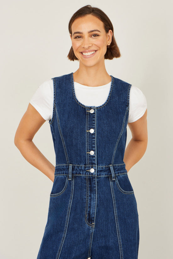 Yumi Blue Denim Stretch Fitted Jumpsuit - QHA UK