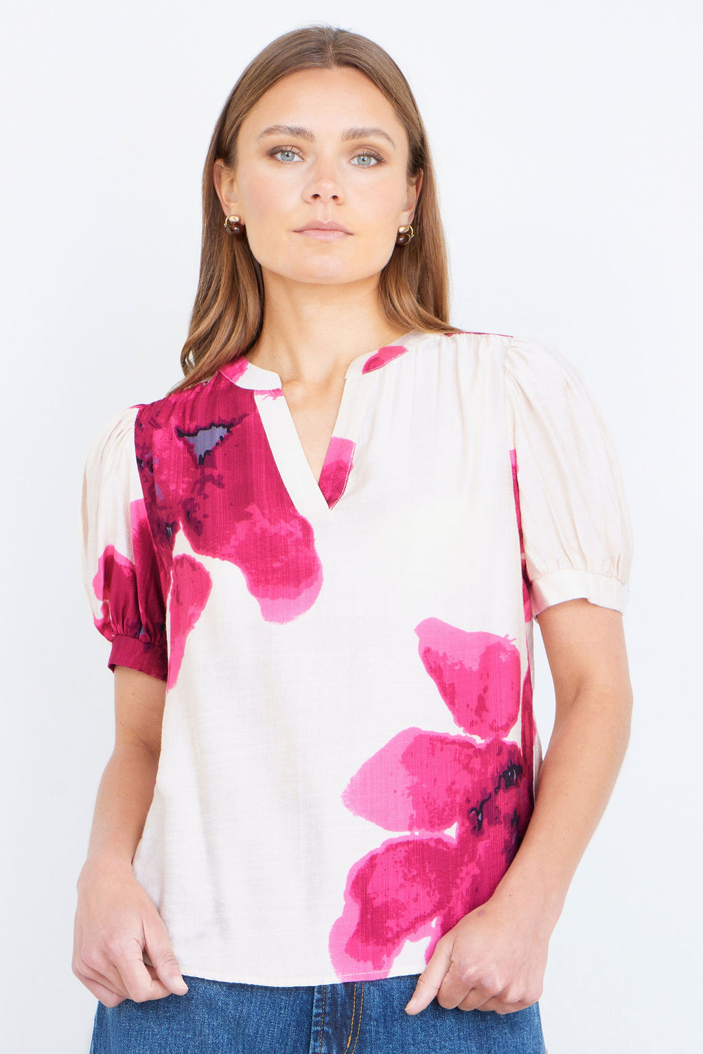 Yumi Pink Watercolour Viscose Floral Top - QHA UK