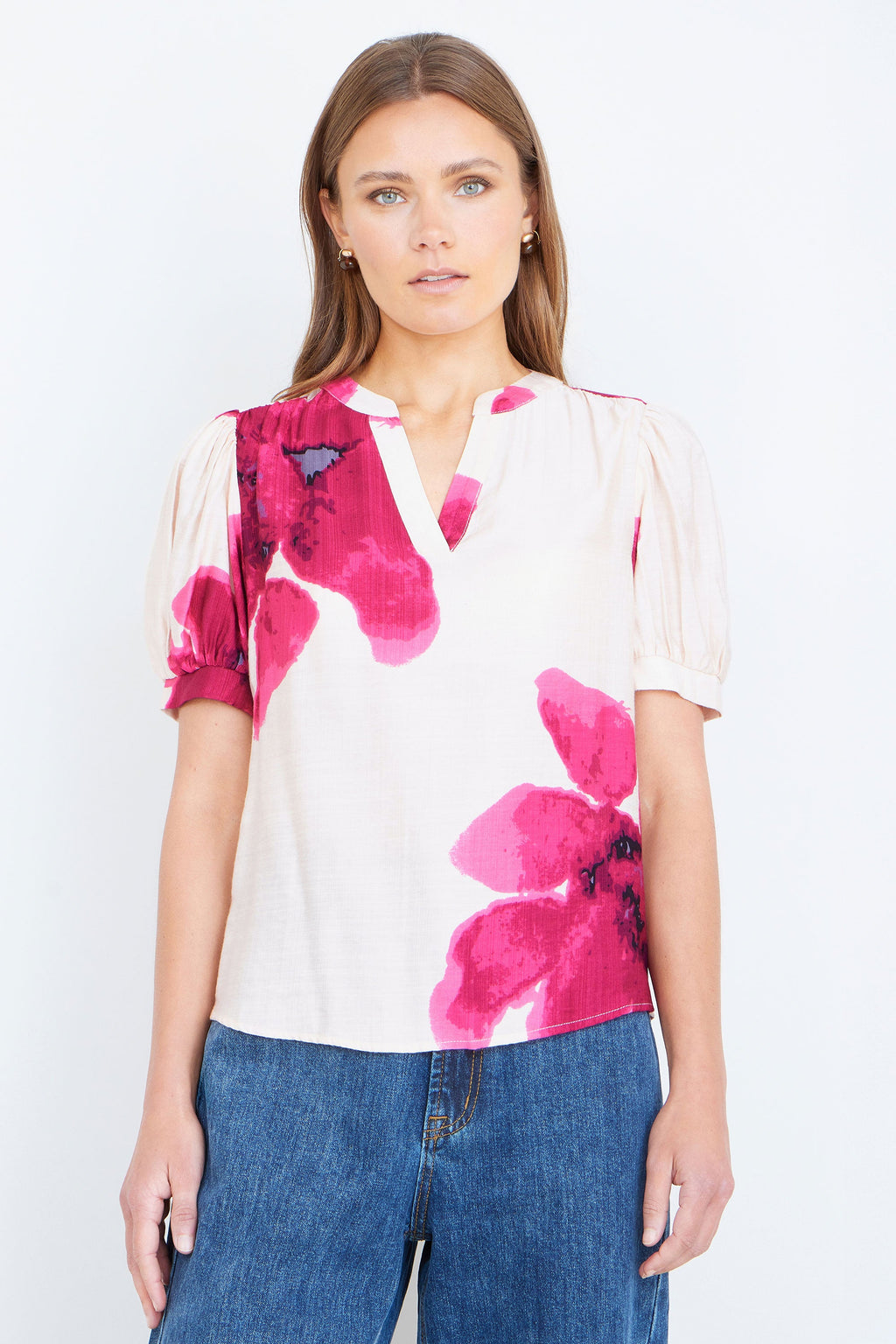 Yumi Pink Watercolour Viscose Floral Top - QHA UK