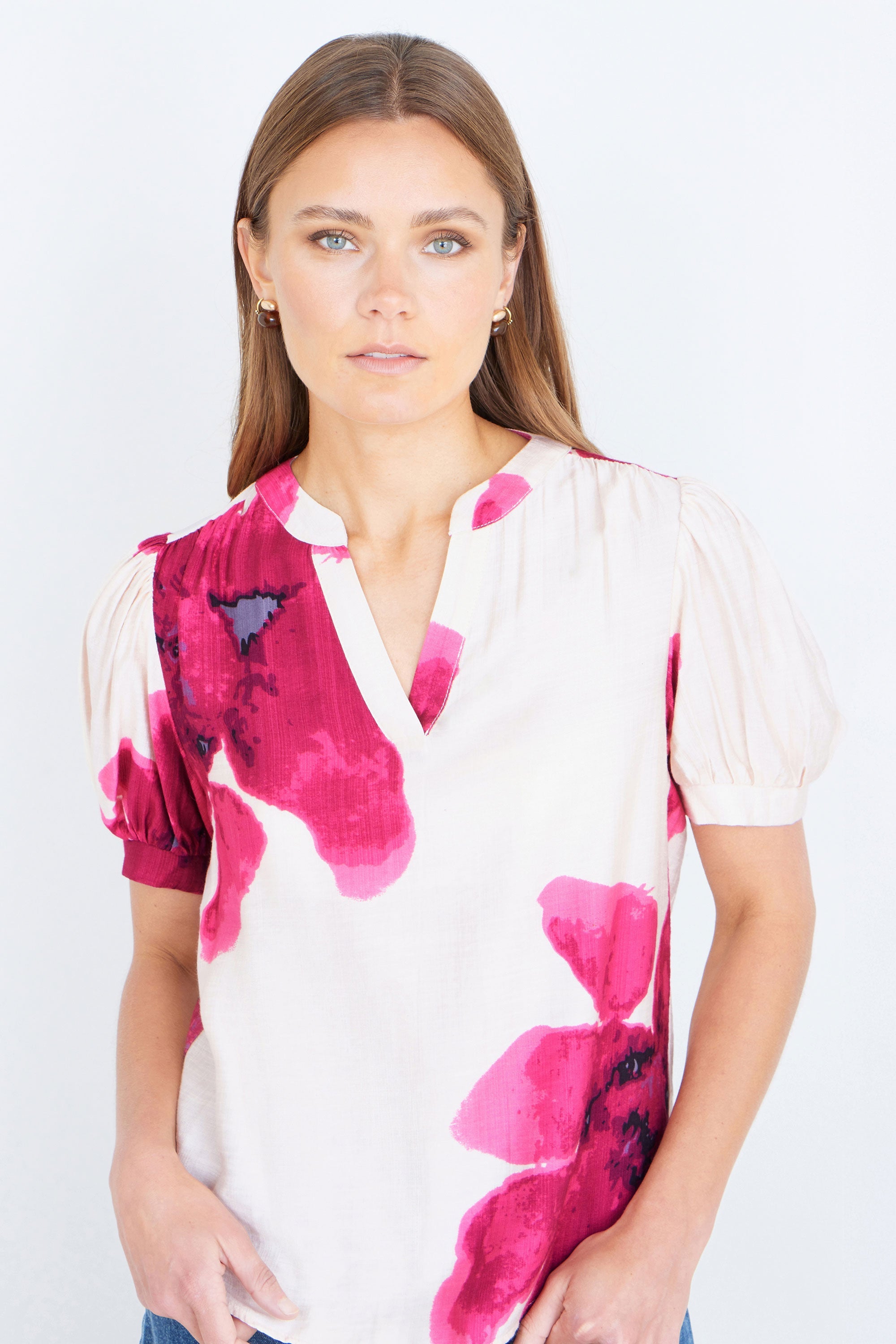 Yumi Pink Watercolour Viscose Floral Top - QHA UK