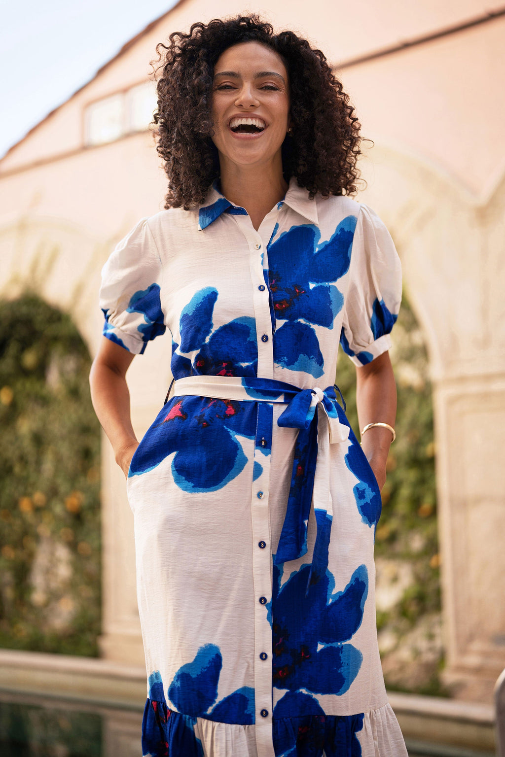 Yumi Blue Scattered Floral Shirt Dress