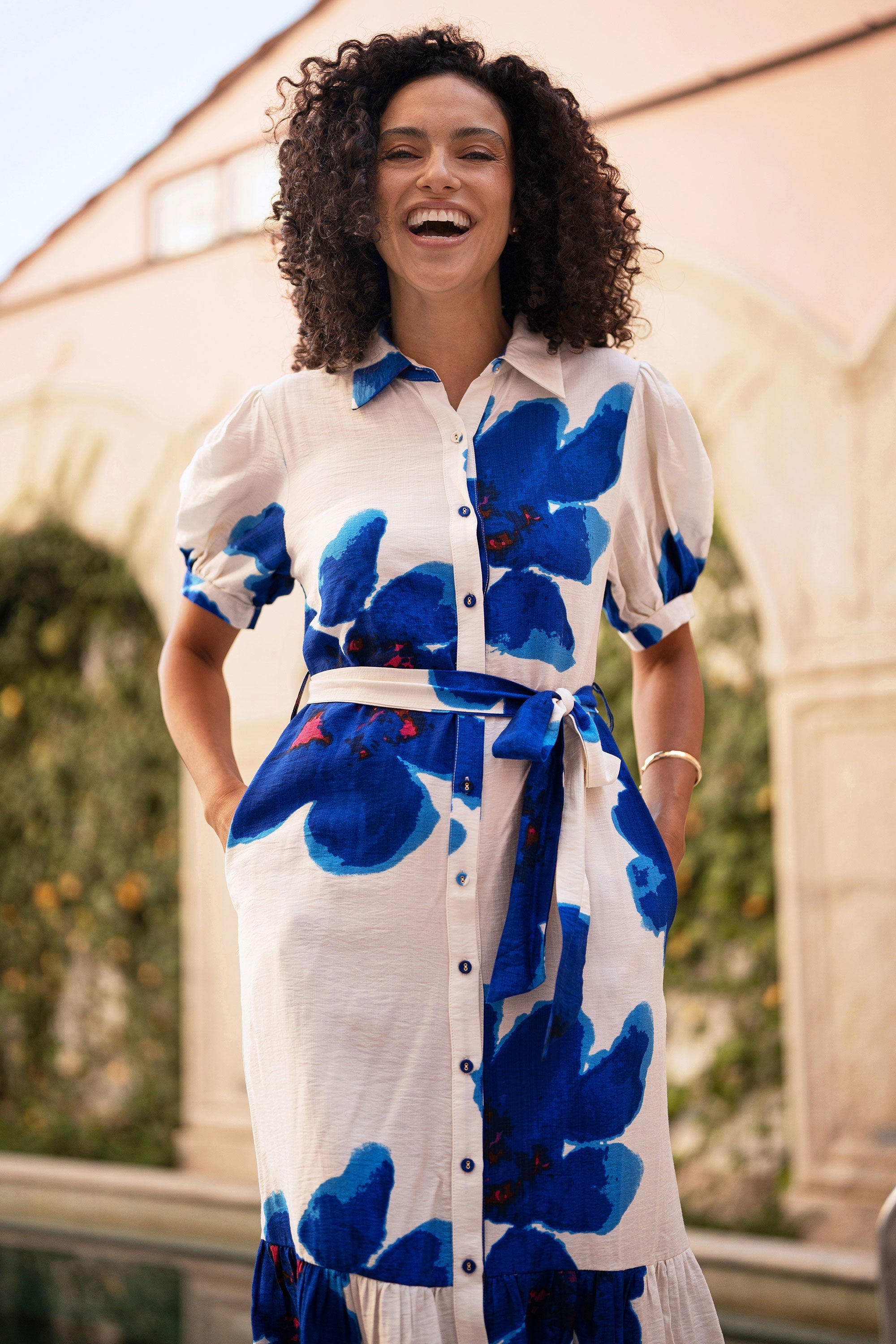 Yumi Blue Scattered Floral Shirt Dress