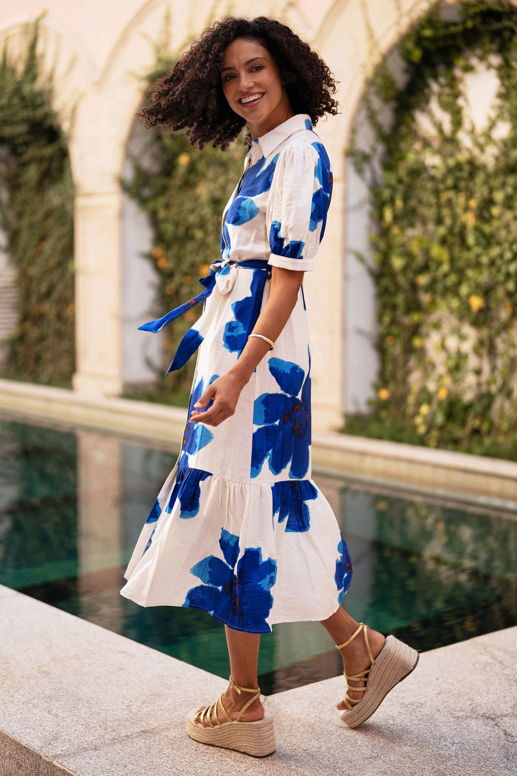 Yumi Blue Scattered Floral Shirt Dress