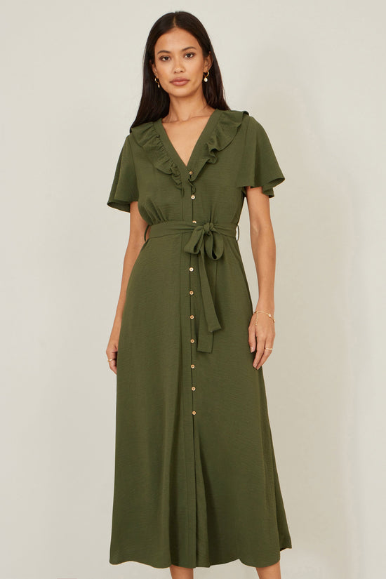 Yumi Green Ruffle Collar Midi Shirt Dress - QHA UK