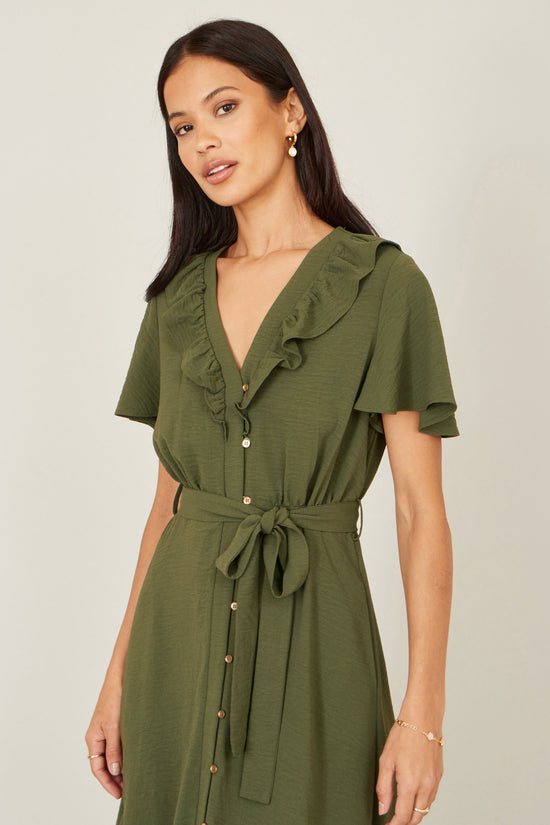 Yumi Green Ruffle Collar Midi Shirt Dress - QHA UK