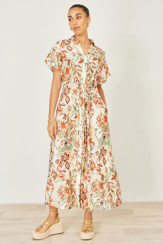 Yumi Ivory Viscose Relaxed Boho Print Maxi Shirt Dress - QHA UK