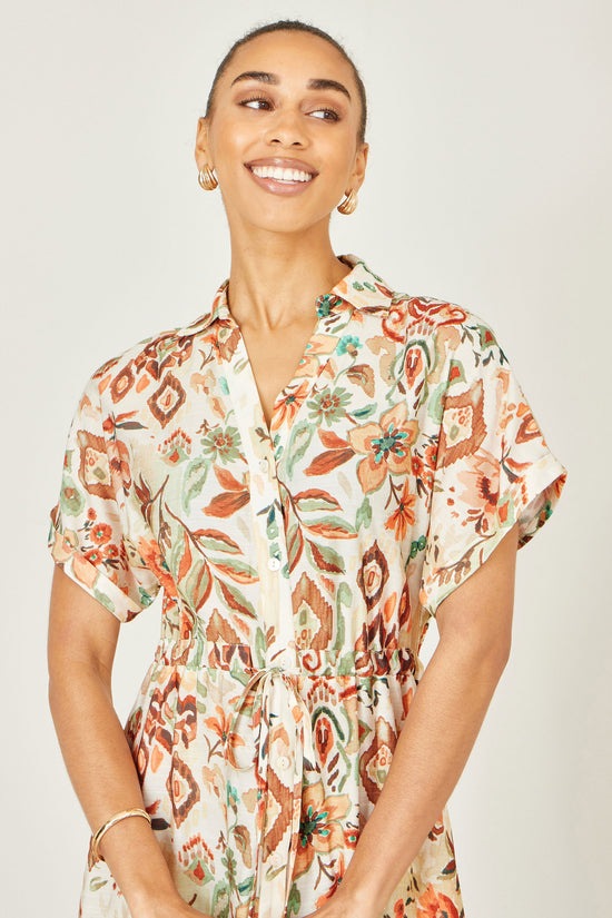Yumi Ivory Viscose Relaxed Boho Print Maxi Shirt Dress - QHA UK