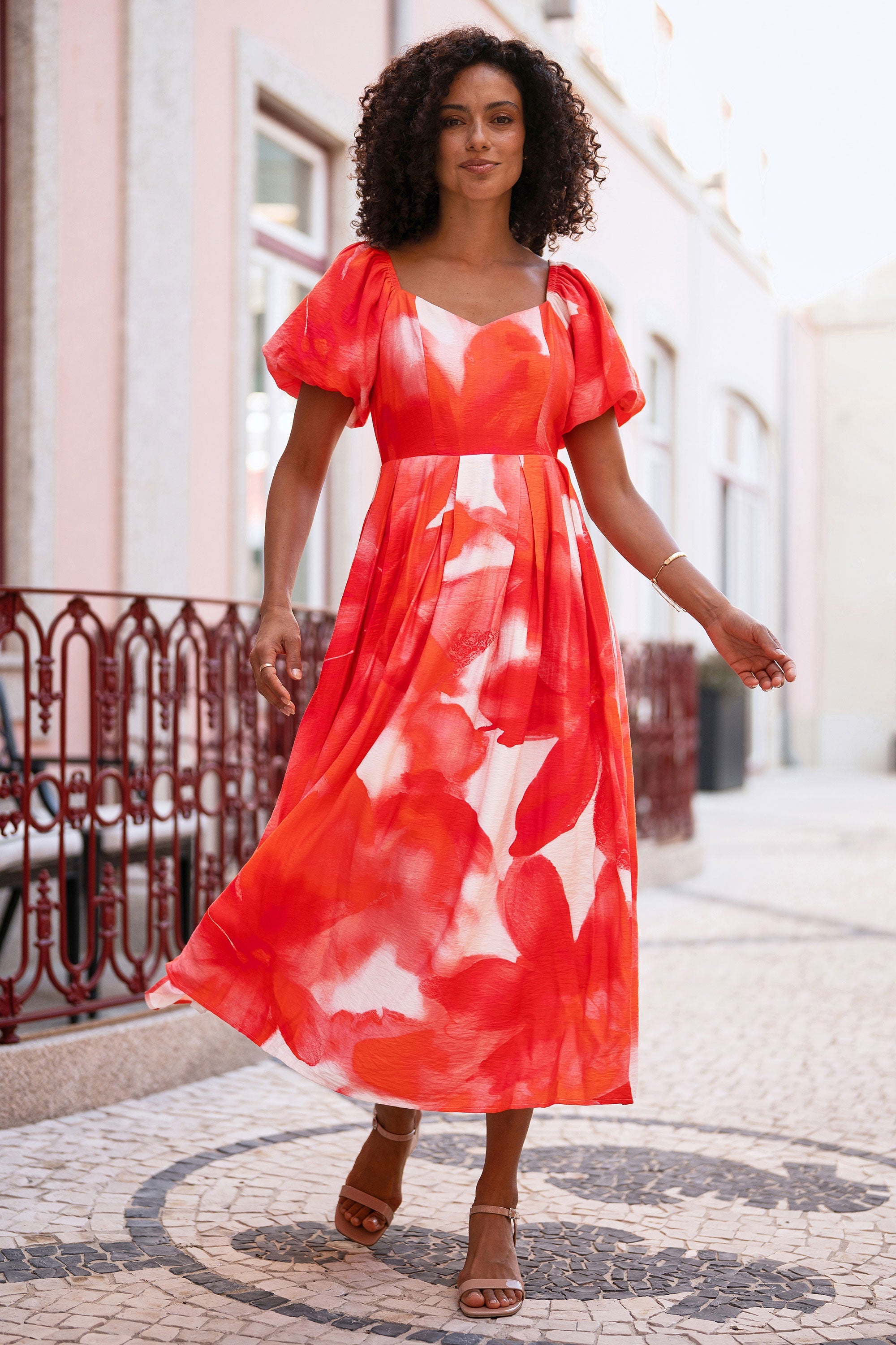 Yumi Red Viscose Floral Midi Dress With Puff Sleeves - QHA UK