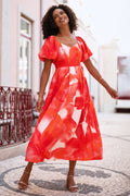 Yumi Red Viscose Floral Midi Dress With Puff Sleeves - QHA UK