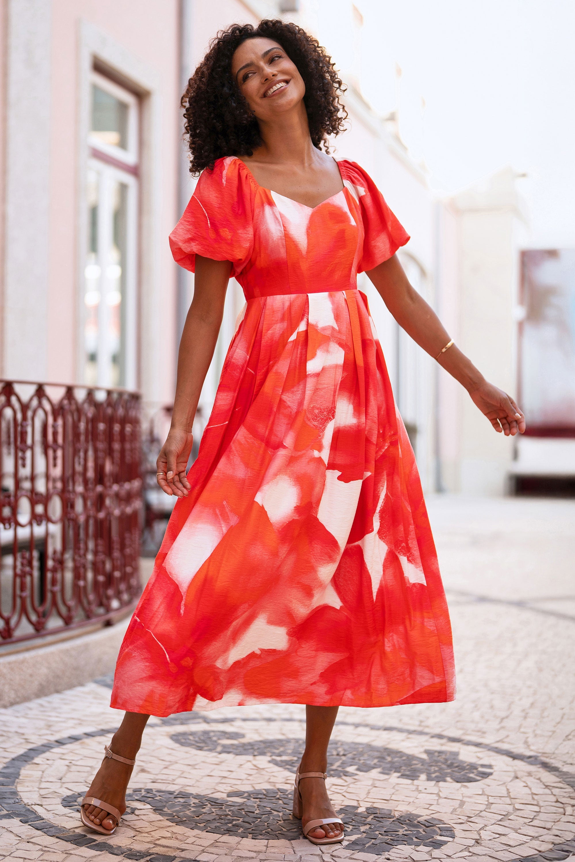 Yumi Red Viscose Floral Midi Dress With Puff Sleeves - QHA UK
