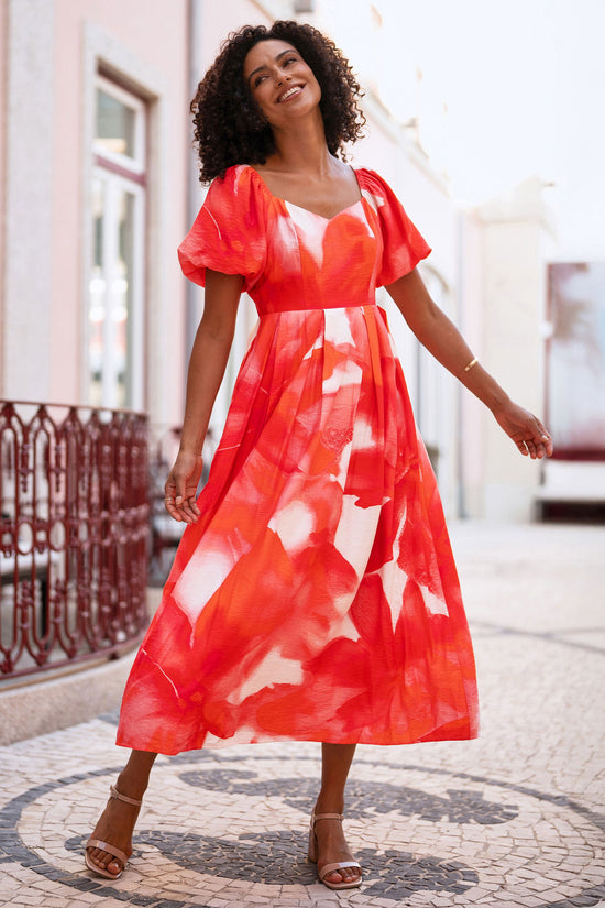 Yumi Red Viscose Floral Midi Dress With Puff Sleeves - QHA UK