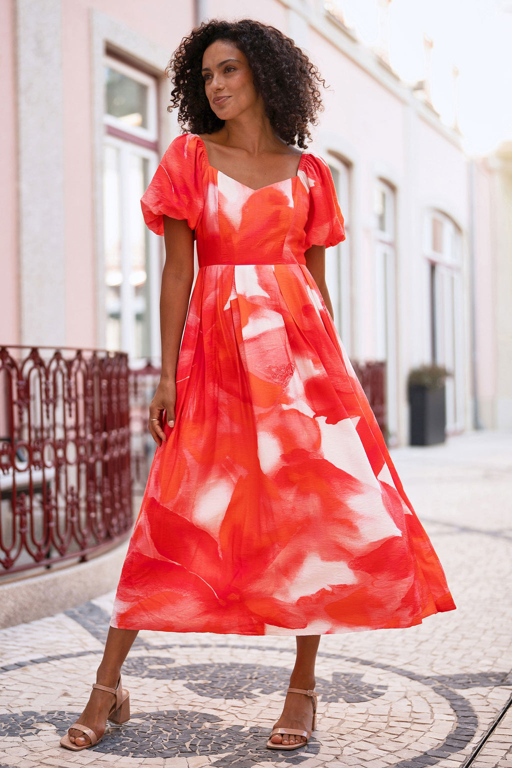Yumi Red Viscose Floral Midi Dress With Puff Sleeves - QHA UK