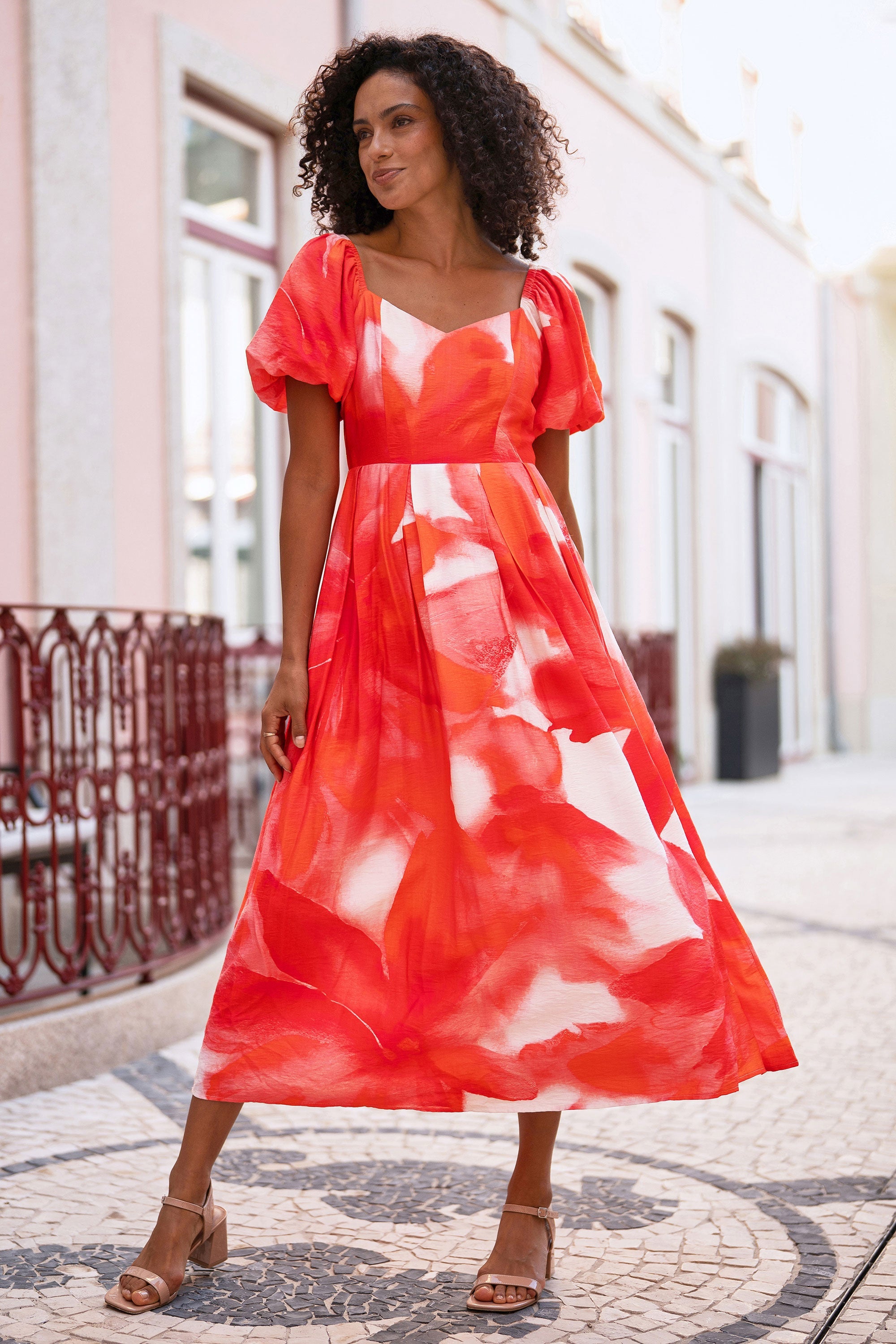 Yumi Red Viscose Floral Midi Dress With Puff Sleeves - QHA UK