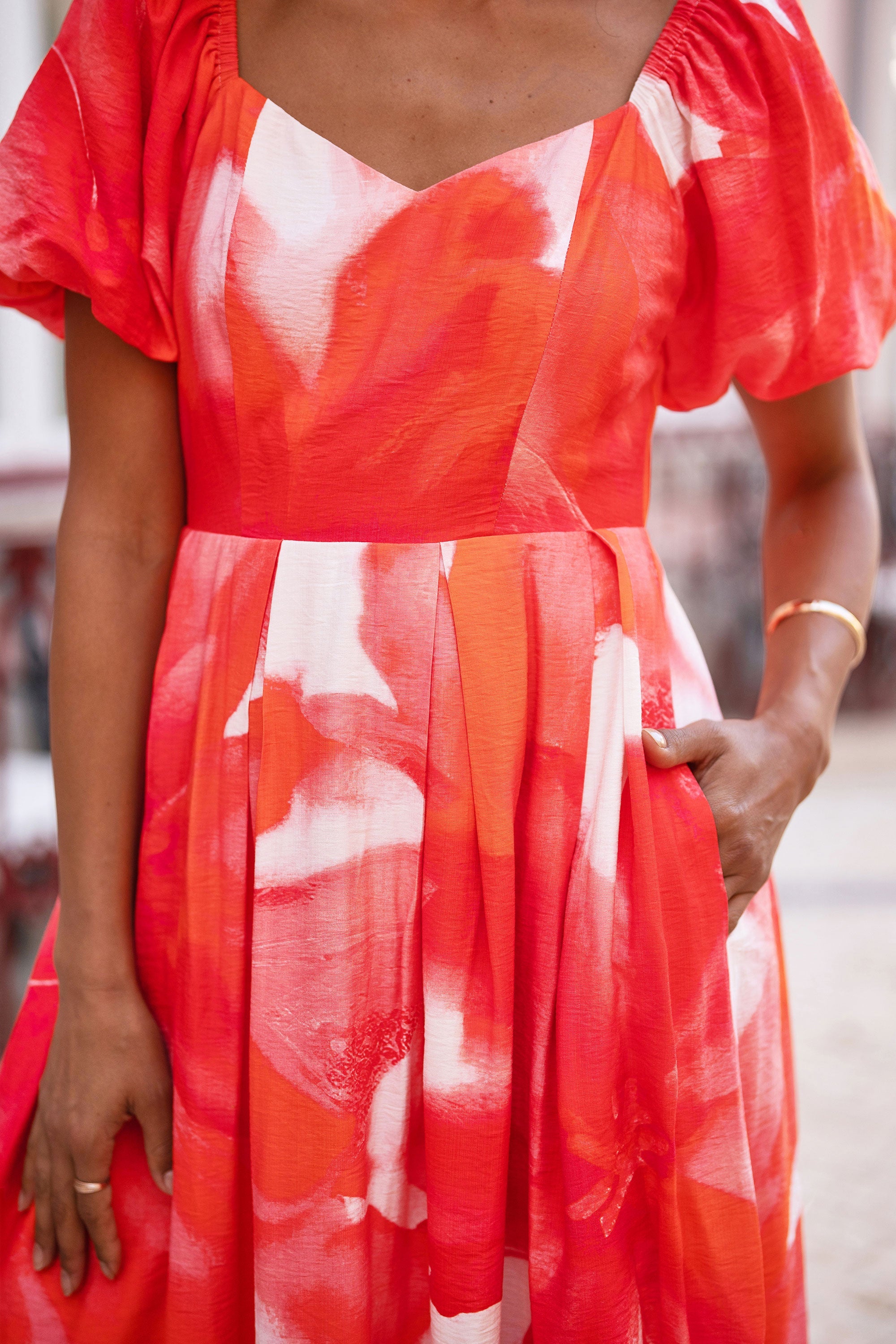 Yumi Red Viscose Floral Midi Dress With Puff Sleeves - QHA UK