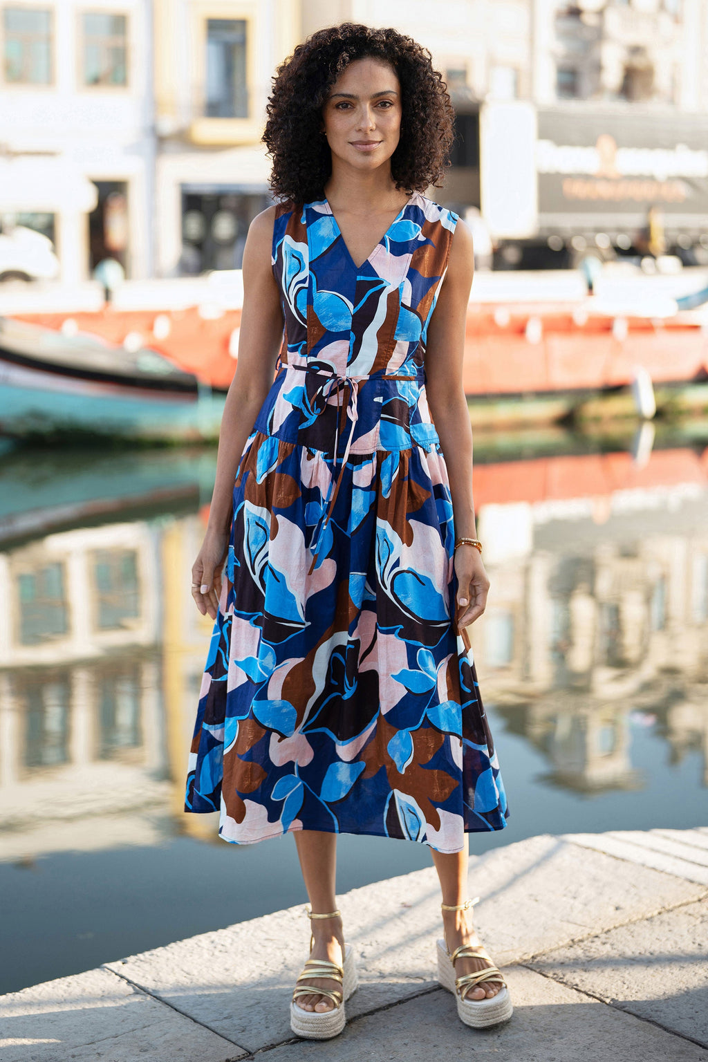 Yumi Blue Cotton Floral Abstract Dropped Waist Midi Dress - QHA UK