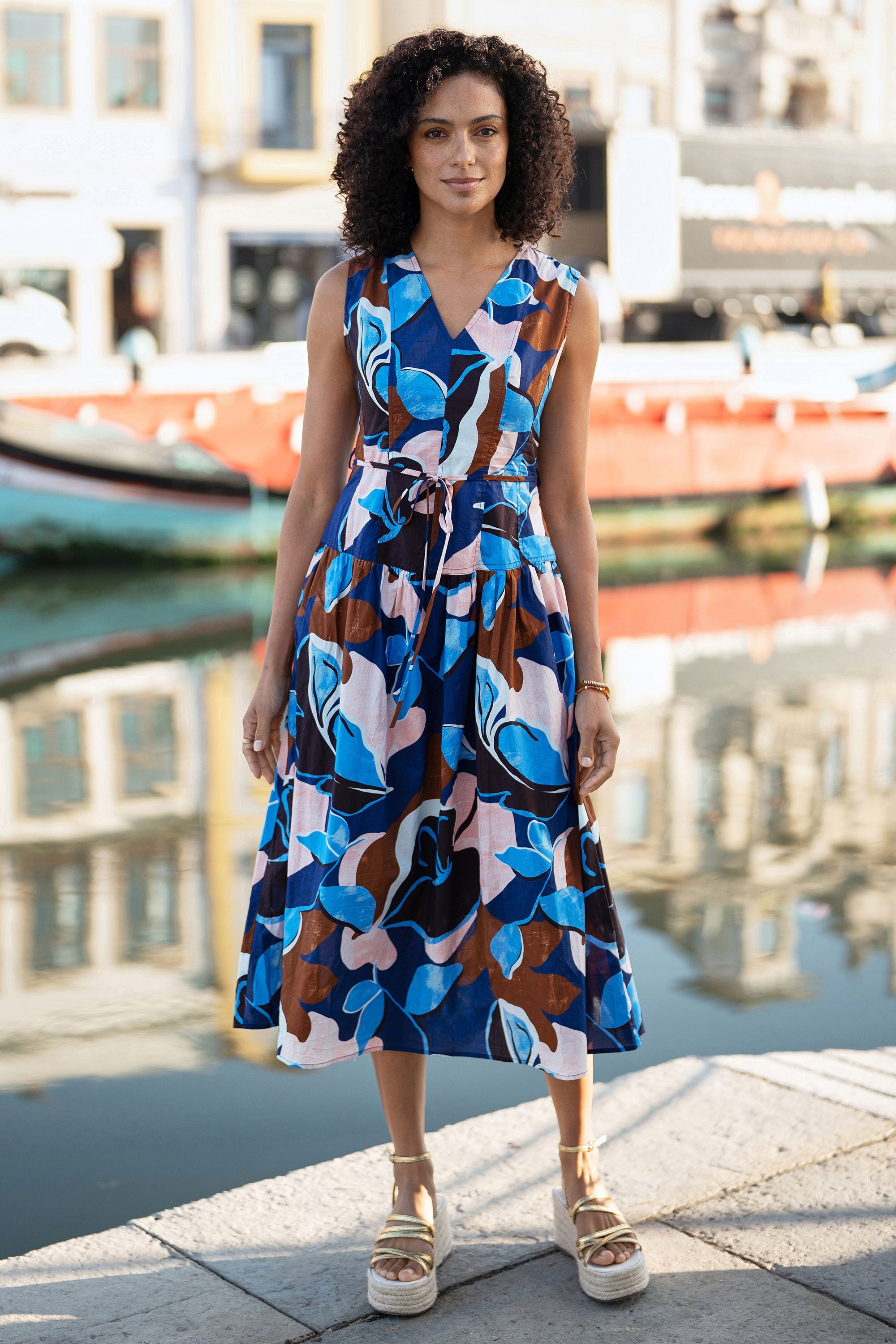 Yumi Blue Cotton Floral Abstract Dropped Waist Midi Dress - QHA UK