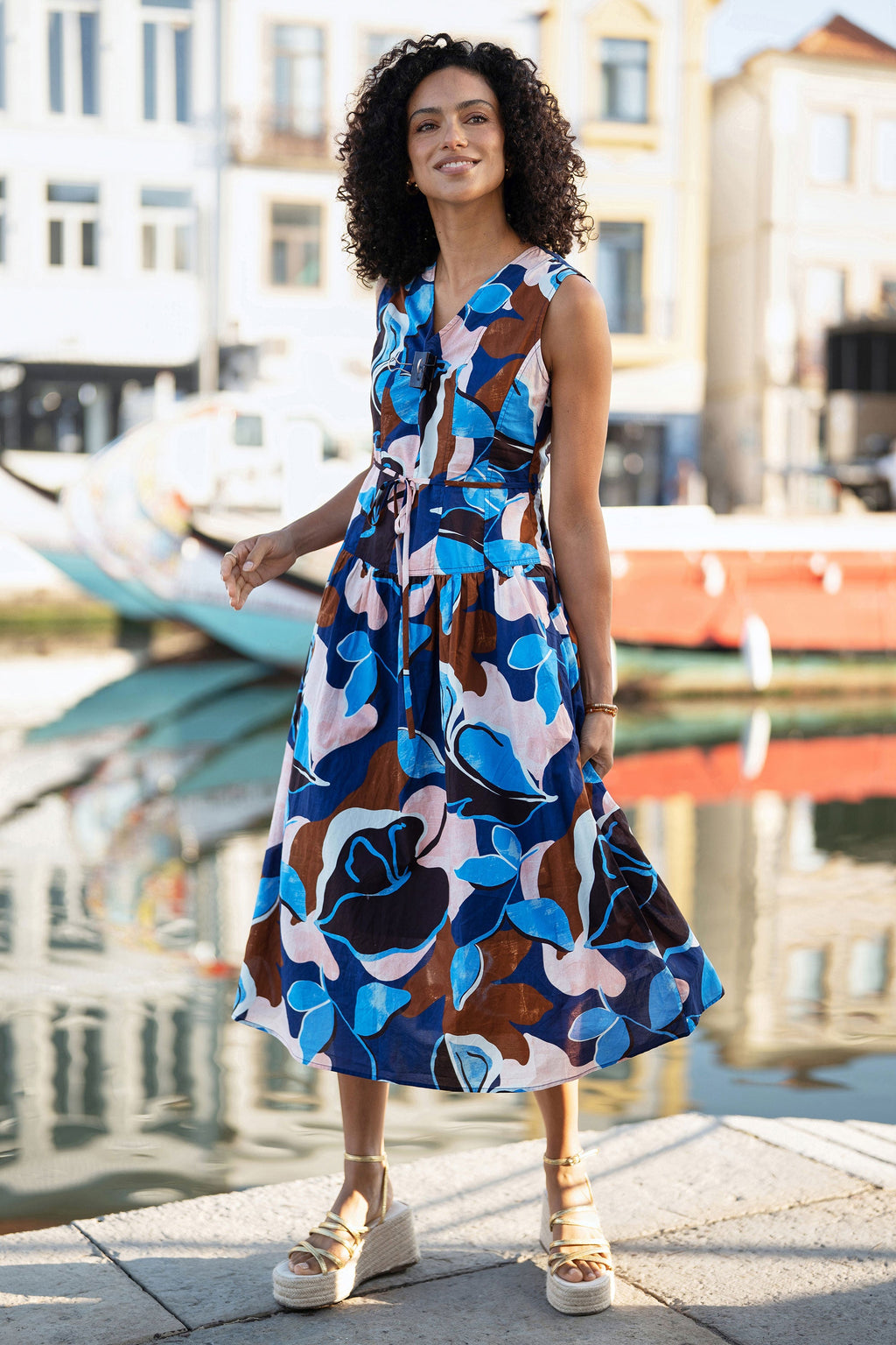 Yumi Blue Cotton Floral Abstract Dropped Waist Midi Dress - QHA UK