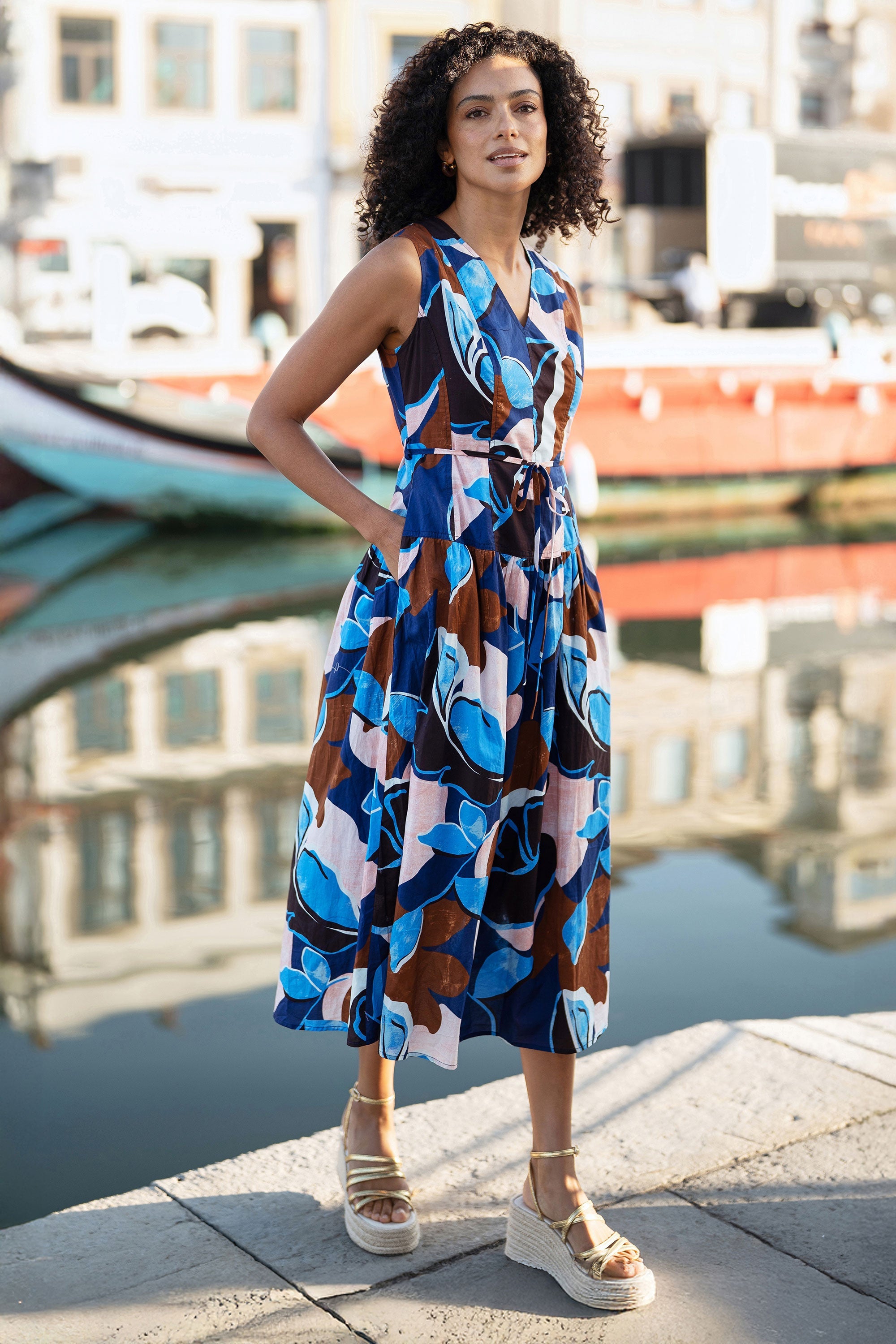 Yumi Blue Cotton Floral Abstract Dropped Waist Midi Dress - QHA UK