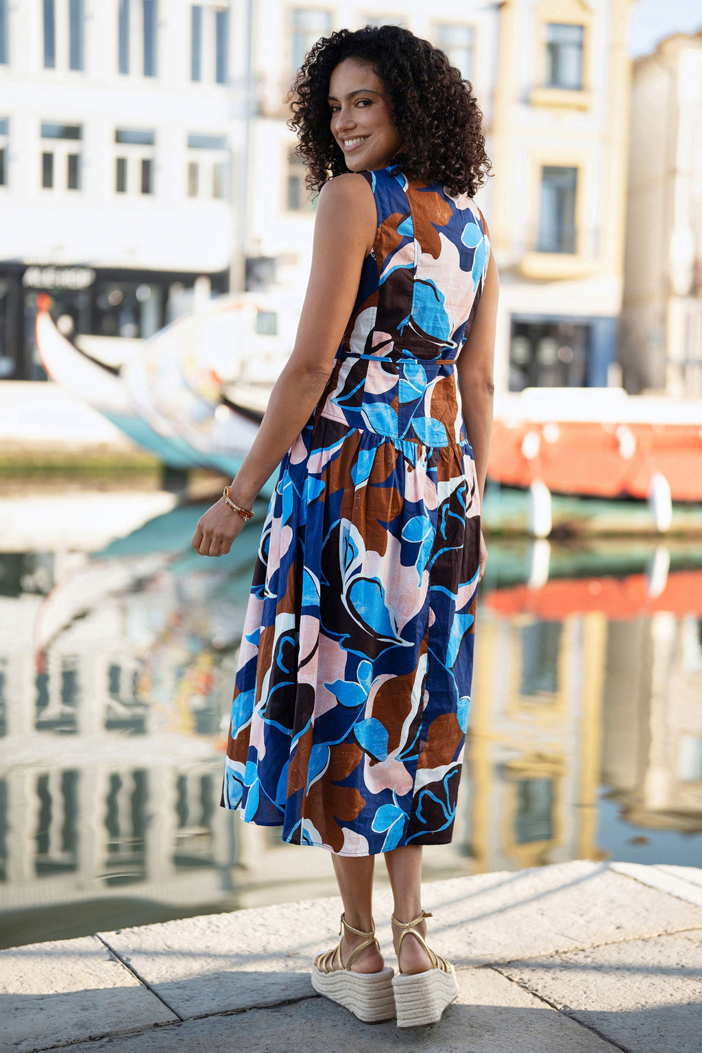Yumi Blue Cotton Floral Abstract Dropped Waist Midi Dress - QHA UK
