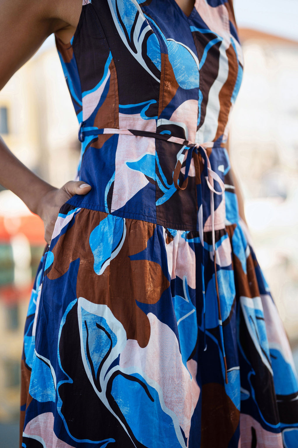 Yumi Blue Cotton Floral Abstract Dropped Waist Midi Dress - QHA UK