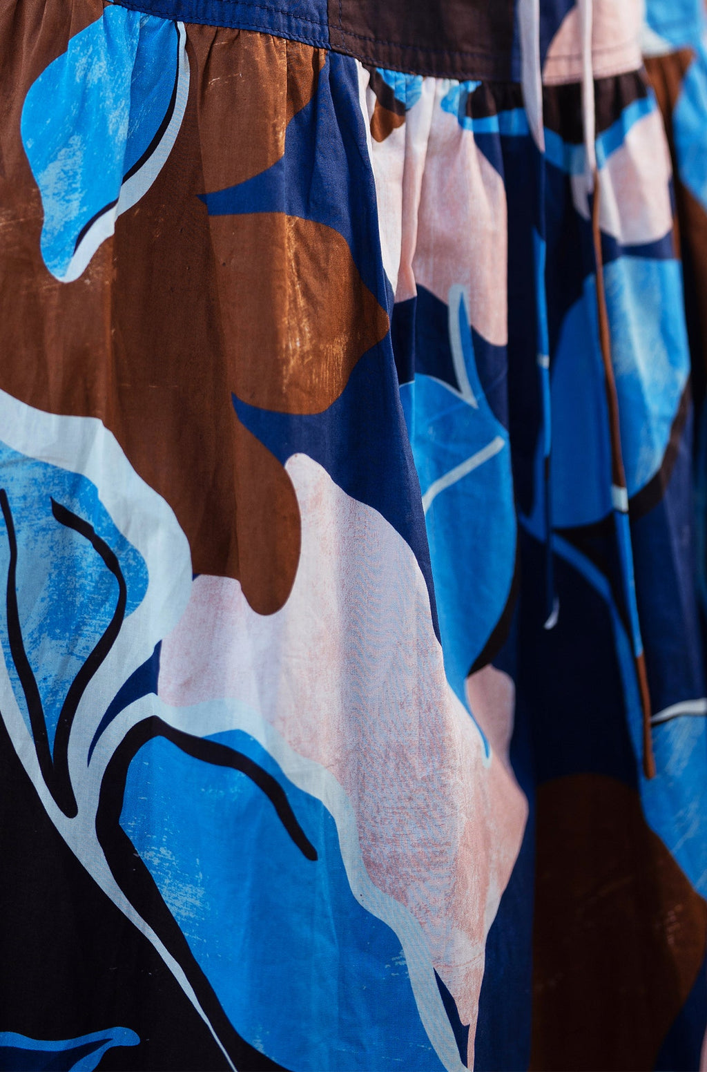 Yumi Blue Cotton Floral Abstract Dropped Waist Midi Dress - QHA UK