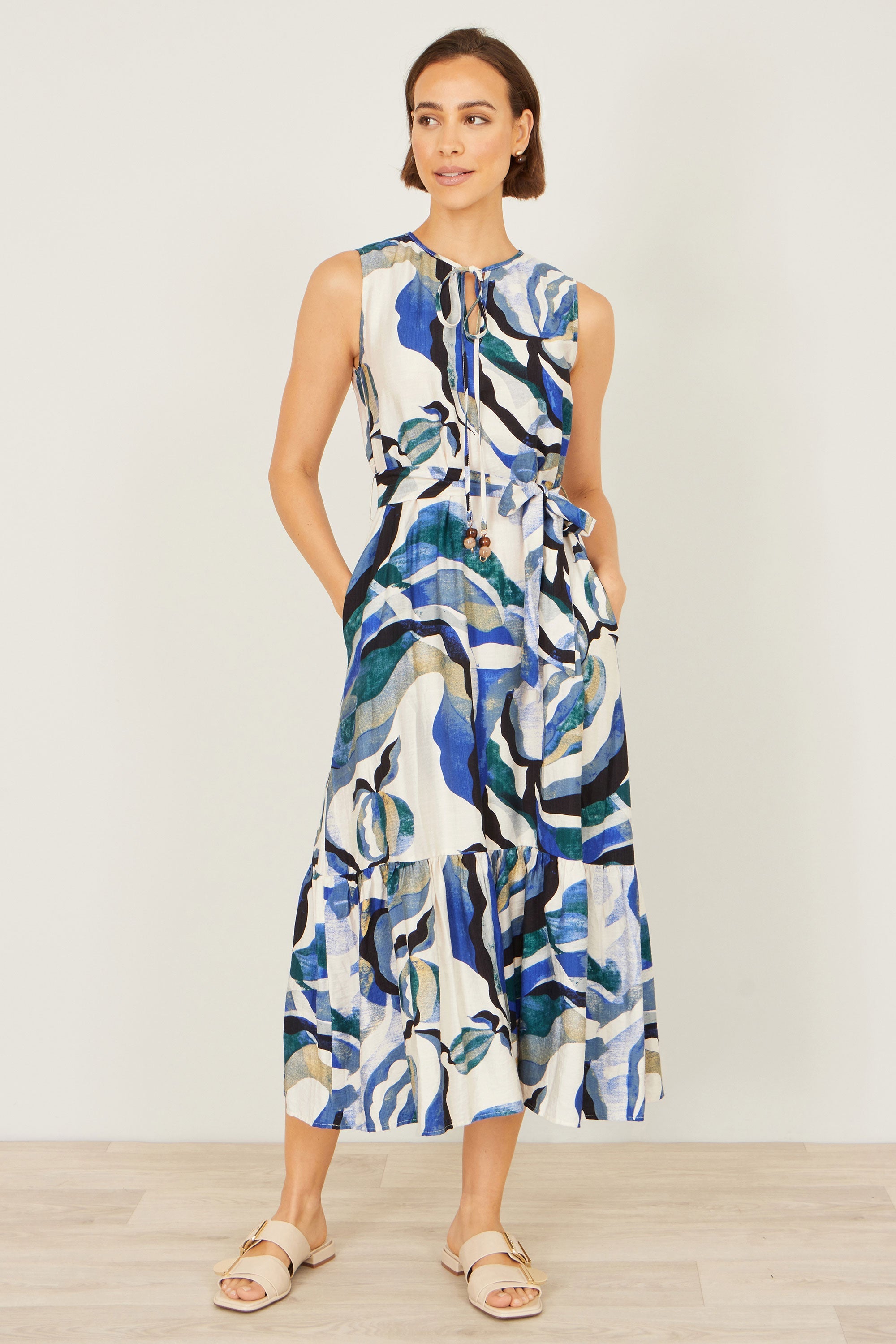 Yumi Blue Viscose Swirl Print Midi Dress - QHA UK