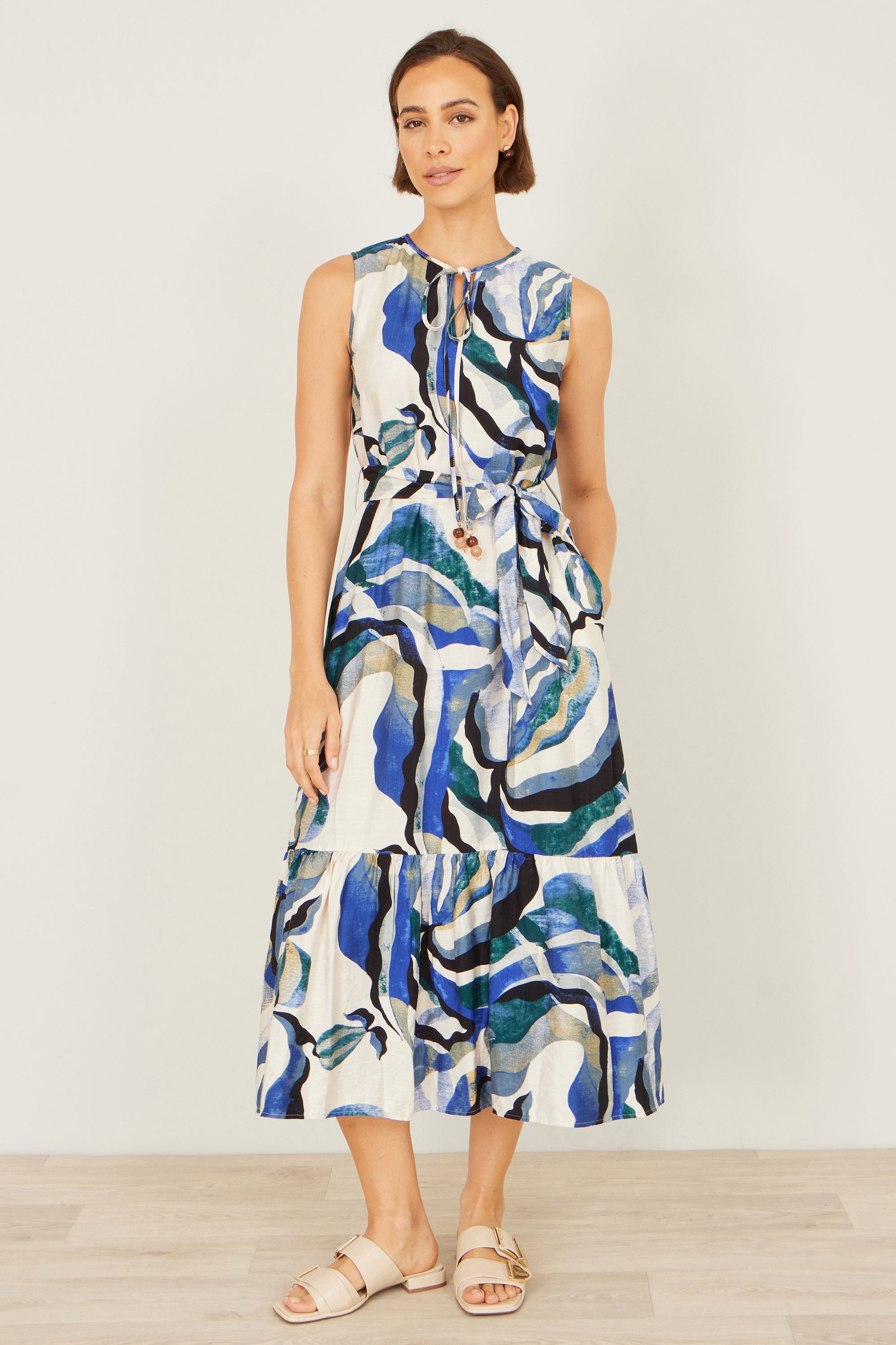 Yumi Blue Viscose Swirl Print Midi Dress - QHA UK