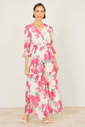 Yumi Pink Blossom Print Maxi Wrap Dress - QHA UK