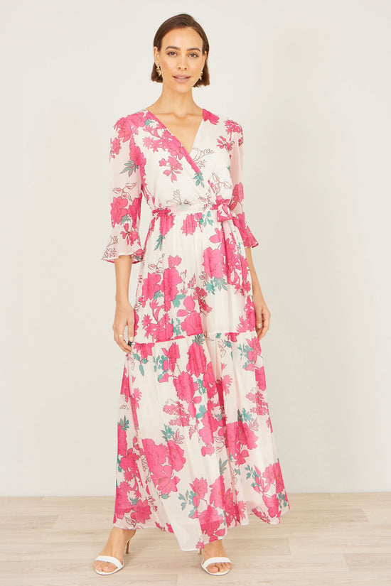 Yumi Pink Blossom Print Maxi Wrap Dress - QHA UK