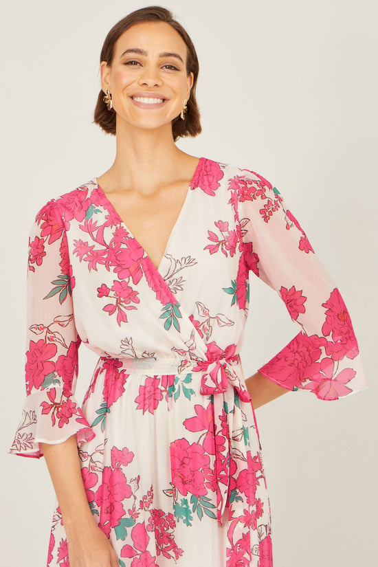 Yumi Pink Blossom Print Maxi Wrap Dress - QHA UK
