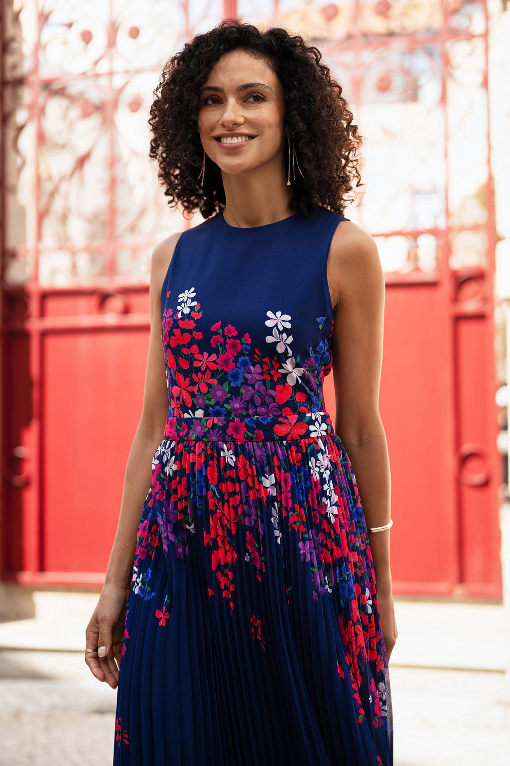 Yumi Navy Border Floral Print Midi Dress With Pleats - QHA UK