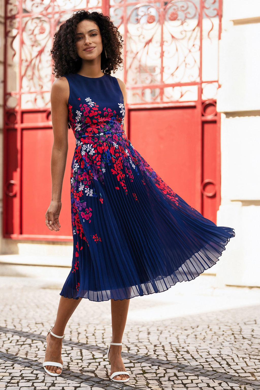 Yumi Navy Border Floral Print Midi Dress With Pleats - QHA UK