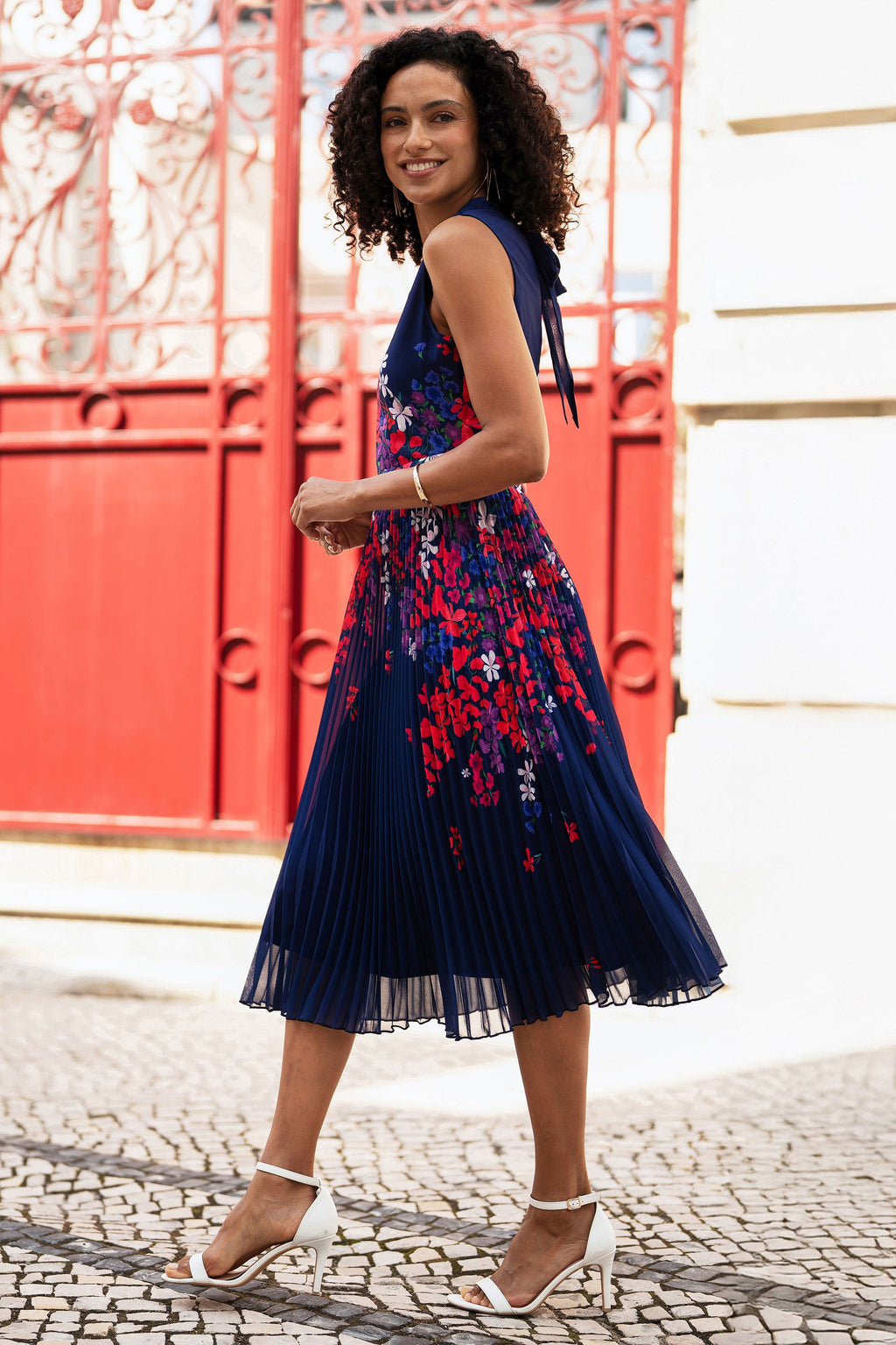 Yumi Navy Border Floral Print Midi Dress With Pleats - QHA UK