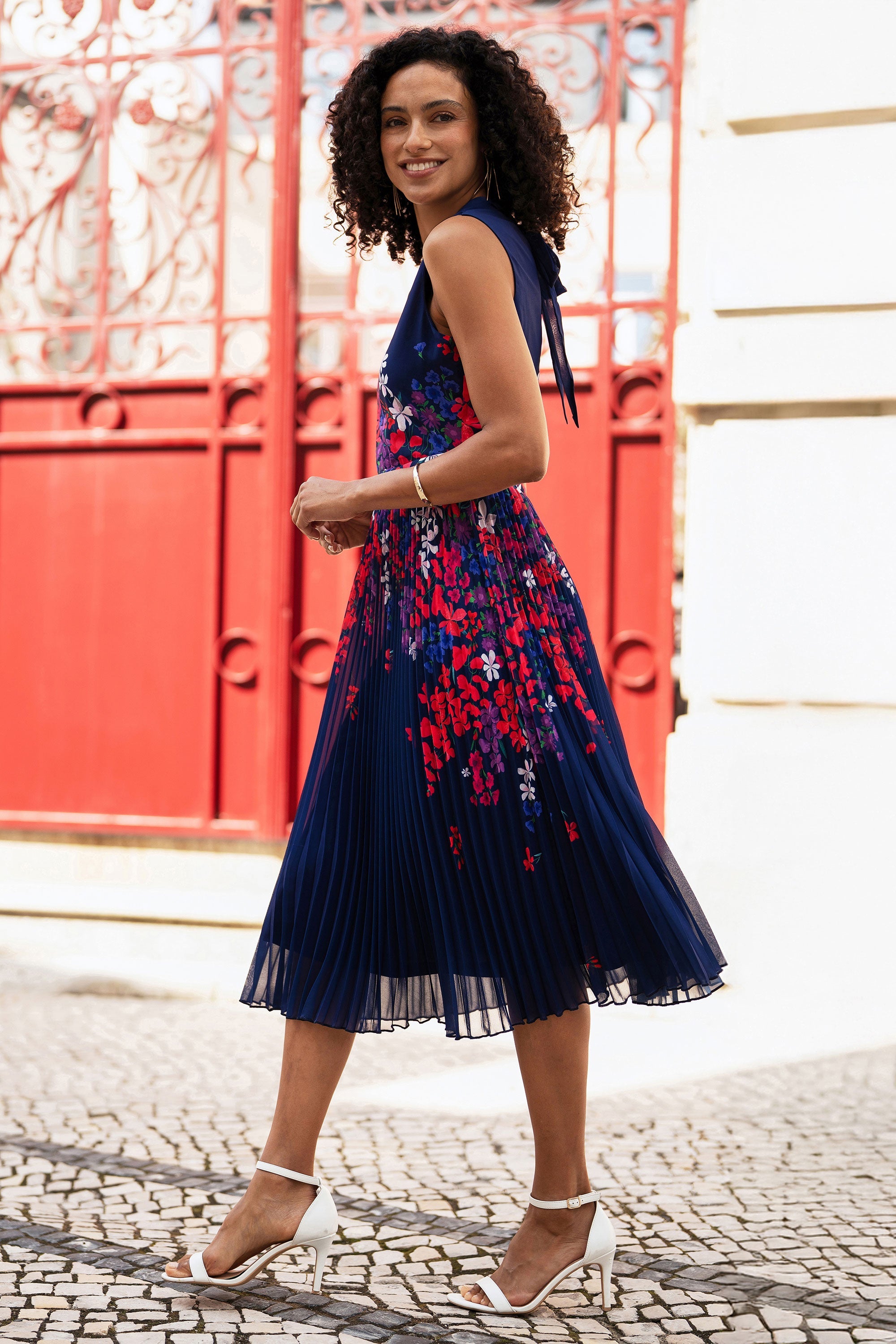 Yumi Navy Border Floral Print Midi Dress With Pleats - QHA UK