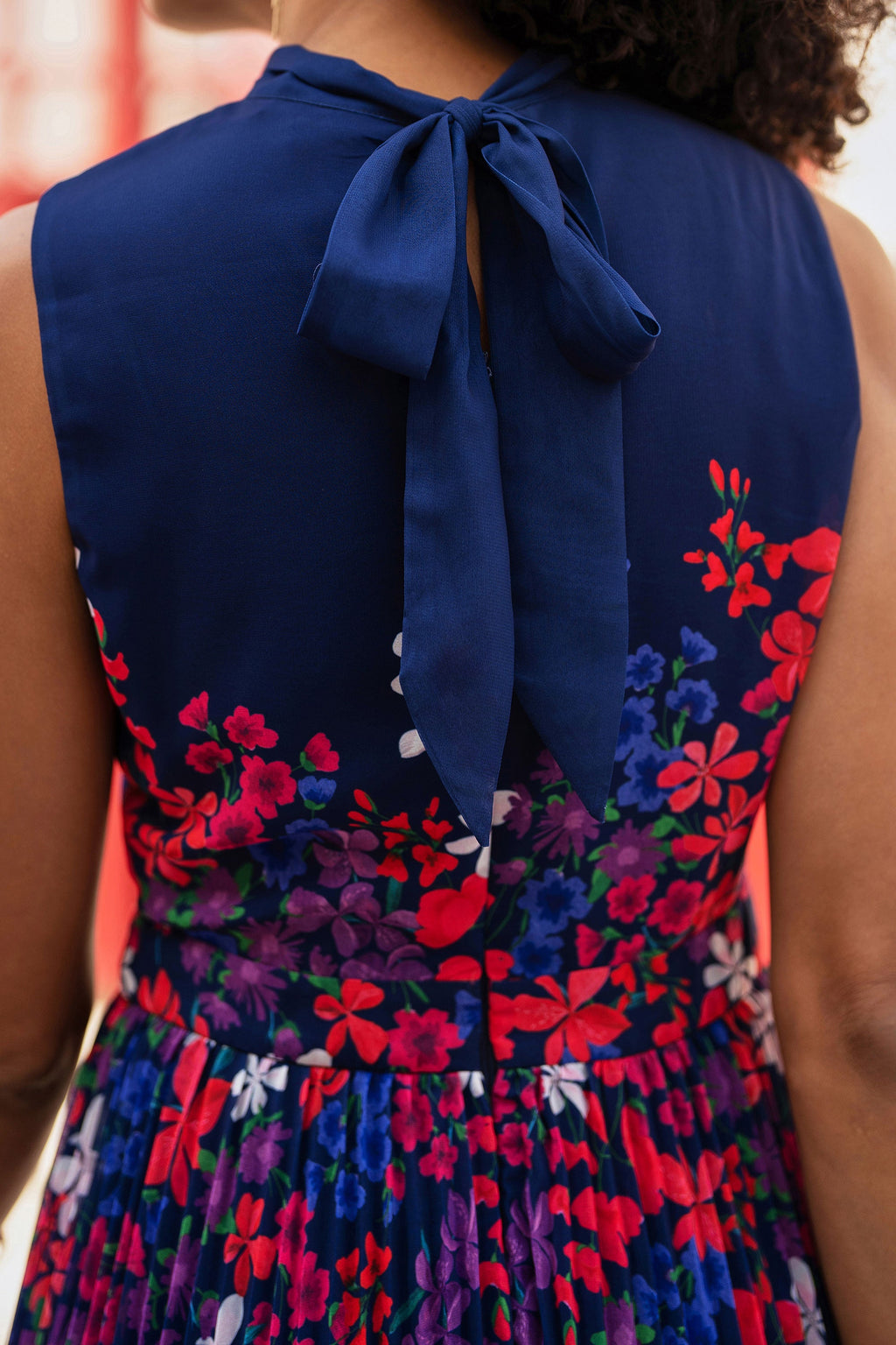 Yumi Navy Border Floral Print Midi Dress With Pleats - QHA UK