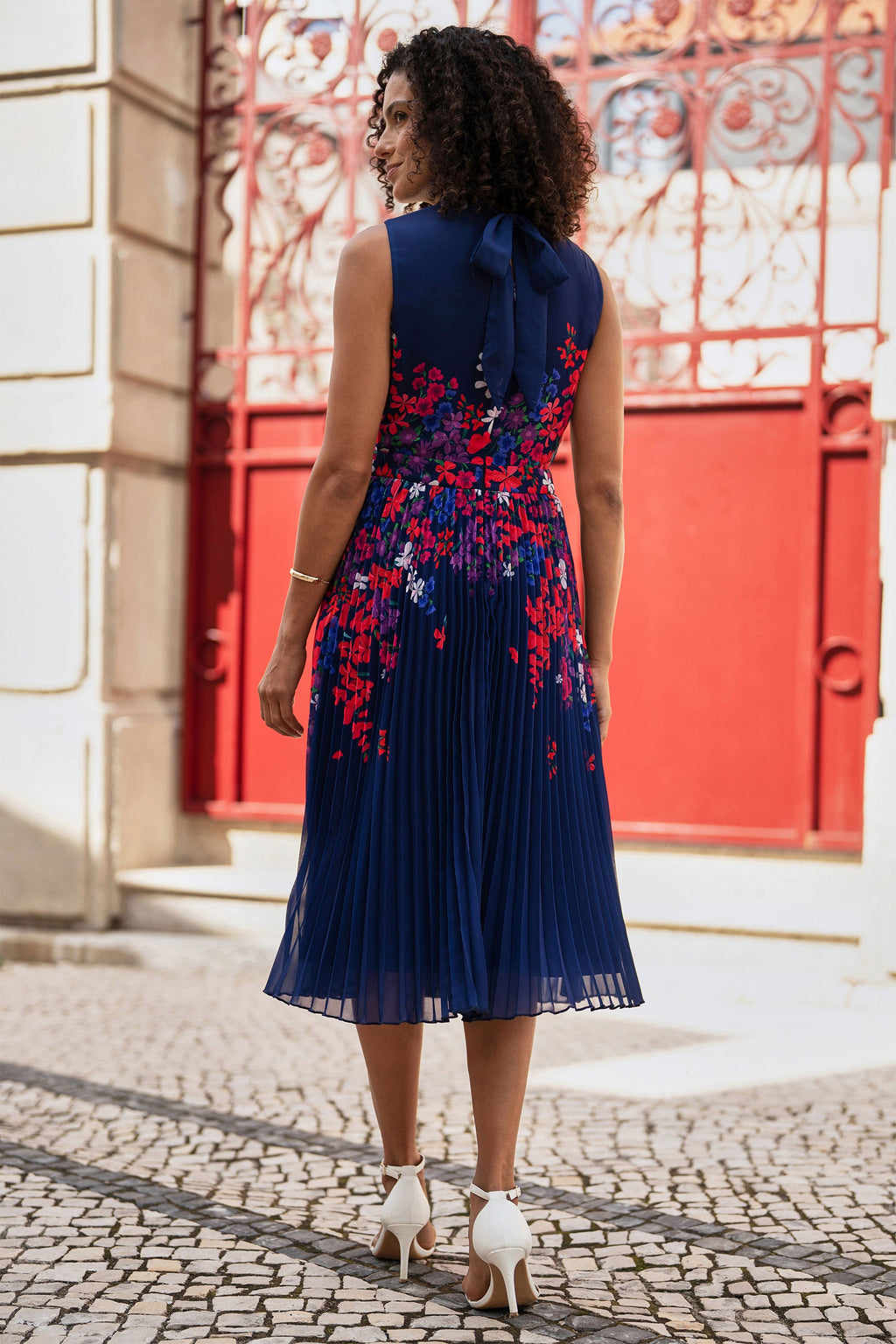 Yumi Navy Border Floral Print Midi Dress With Pleats - QHA UK