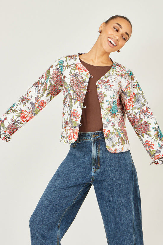 Yumi White Peacock Print Reversible Cotton Quilted Jacket - QHA UK