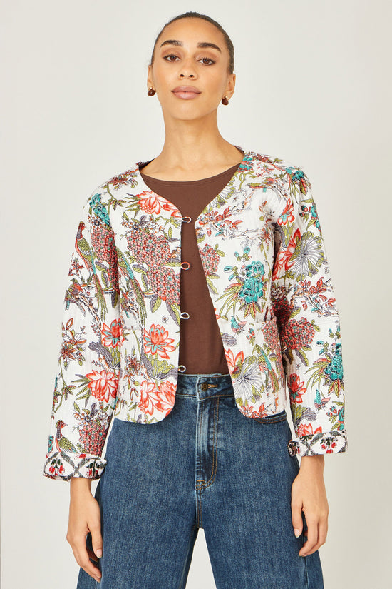 Yumi White Peacock Print Reversible Cotton Quilted Jacket - QHA UK