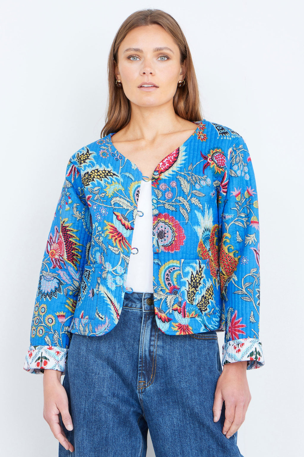 Yumi Blue Boho Print Cotton Reversible Quilted Jacket - QHA UK