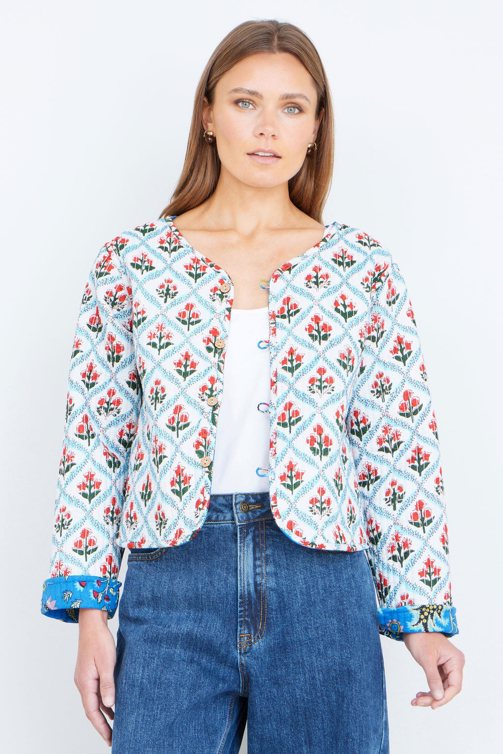 Yumi Blue Boho Print Cotton Reversible Quilted Jacket - QHA UK