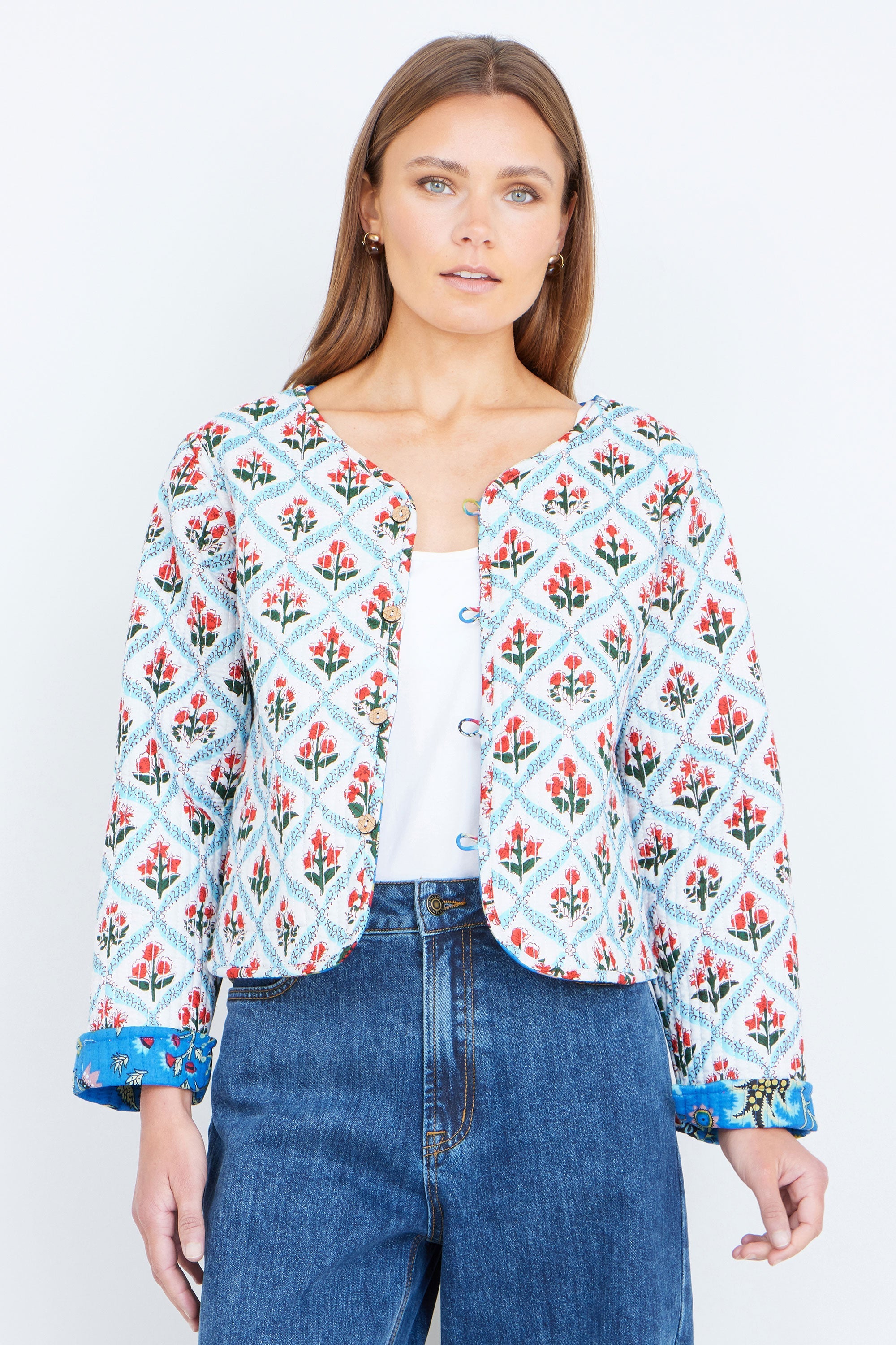 Yumi Blue Boho Print Cotton Reversible Quilted Jacket - QHA UK