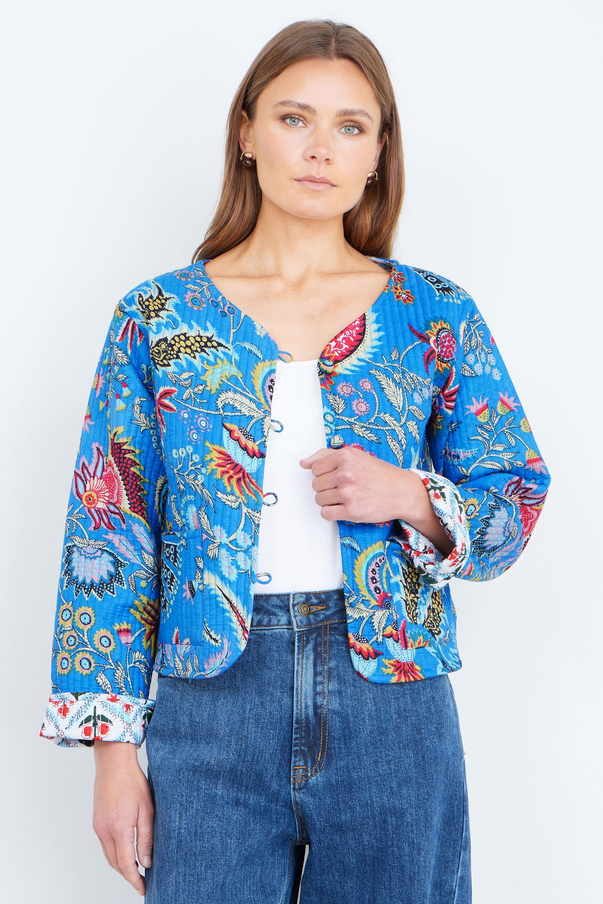 Yumi Blue Boho Print Cotton Reversible Quilted Jacket - QHA UK