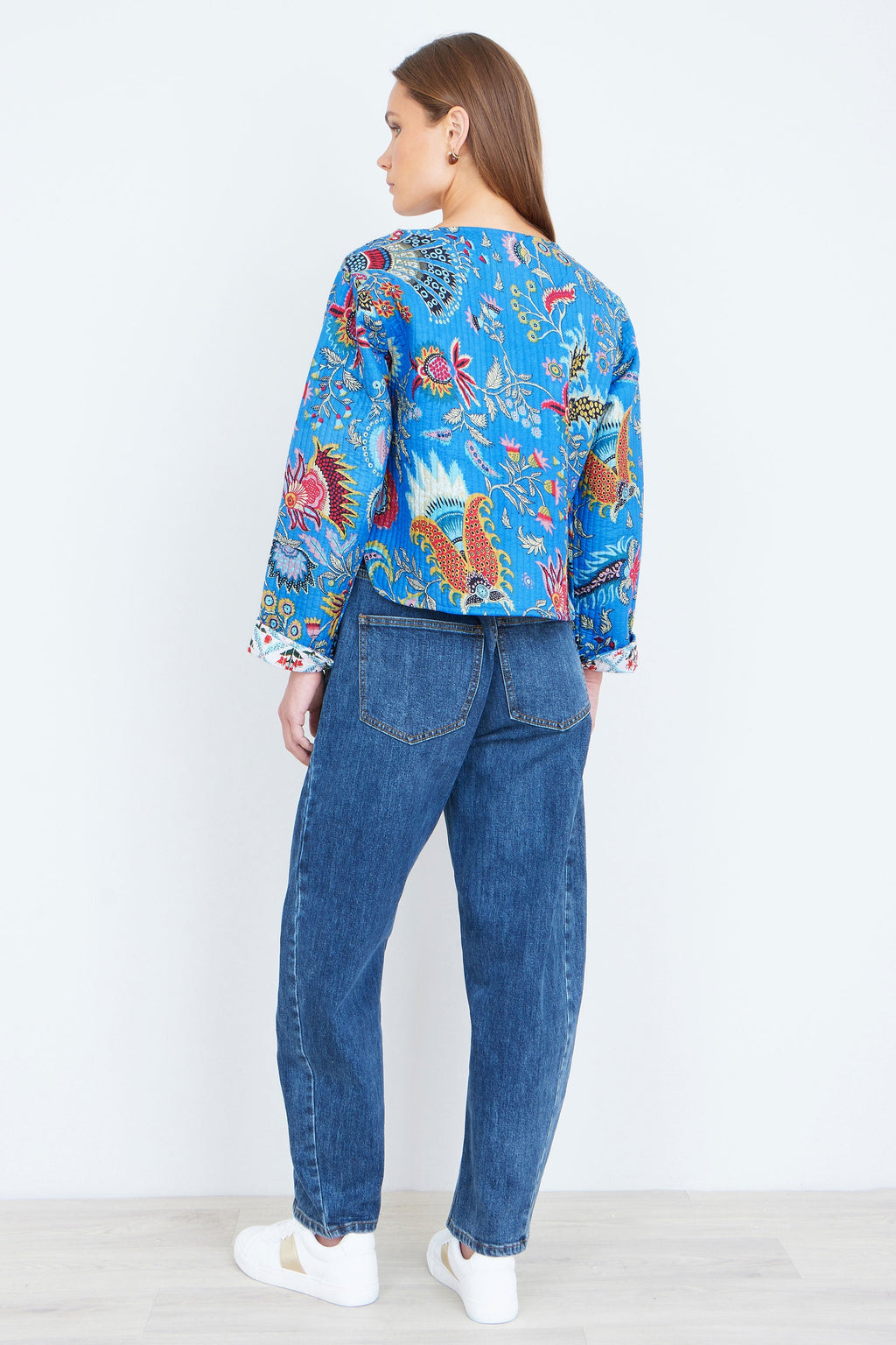 Yumi Blue Boho Print Cotton Reversible Quilted Jacket - QHA UK