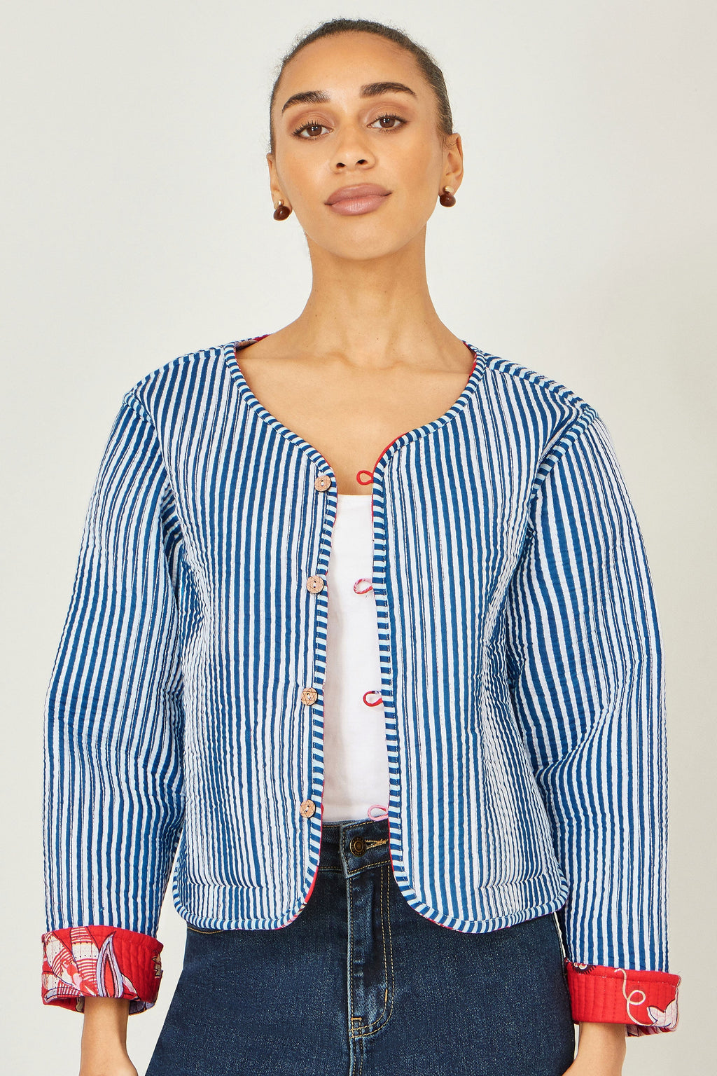 Yumi Red Boho Print Cotton Reversible Quilted Jacket - QHA UK