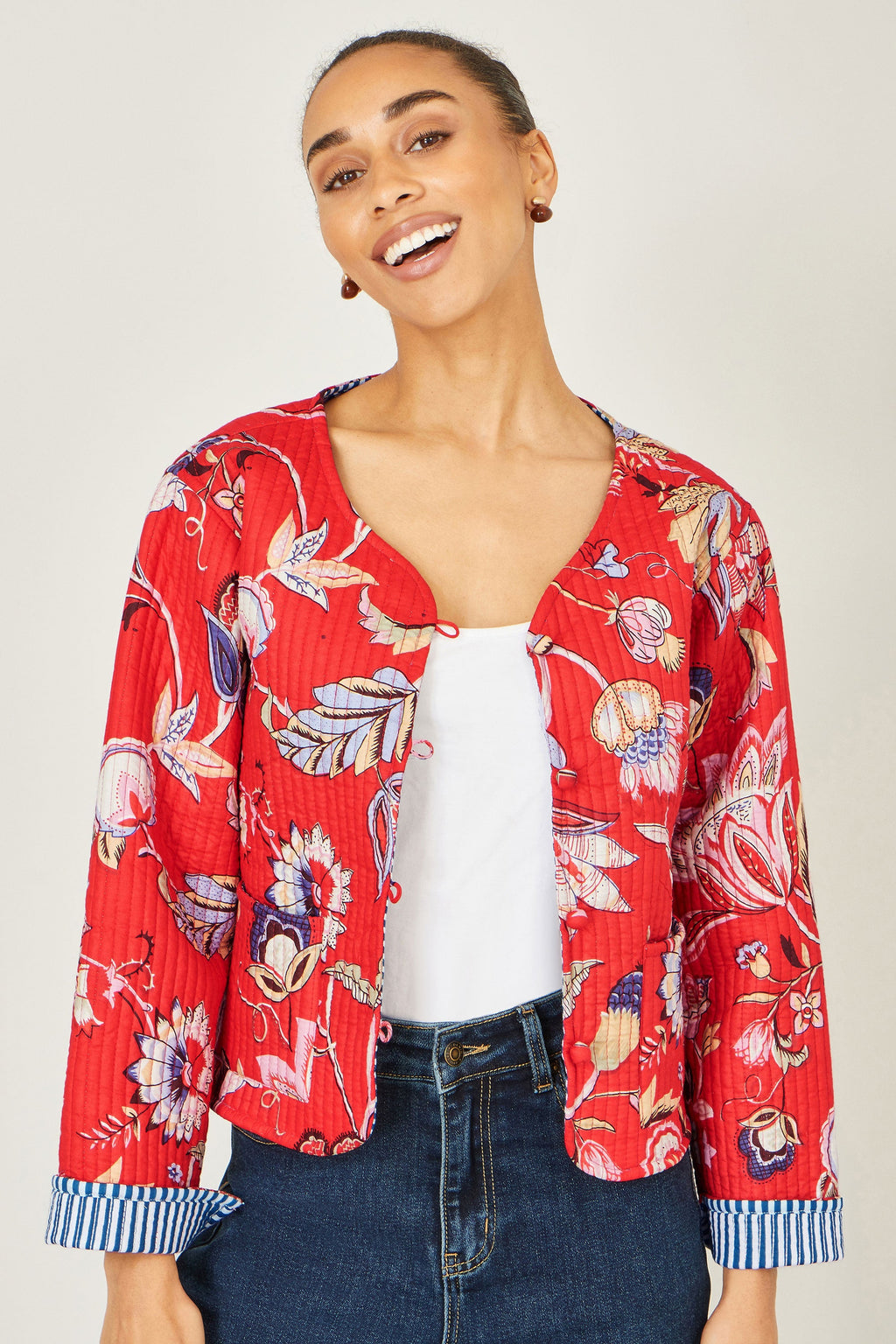 Yumi Red Boho Print Cotton Reversible Quilted Jacket - QHA UK