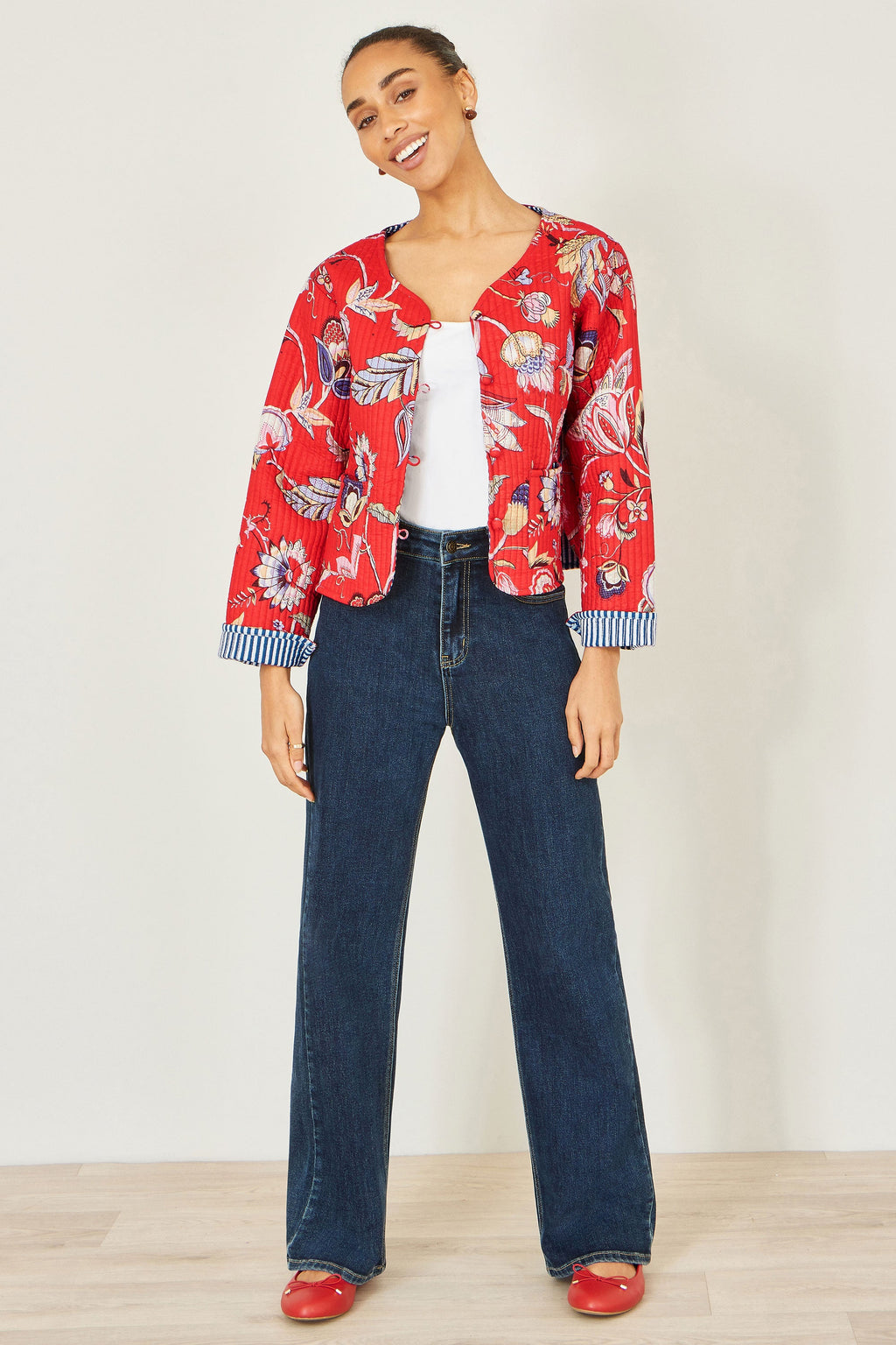 Yumi Red Boho Print Cotton Reversible Quilted Jacket - QHA UK