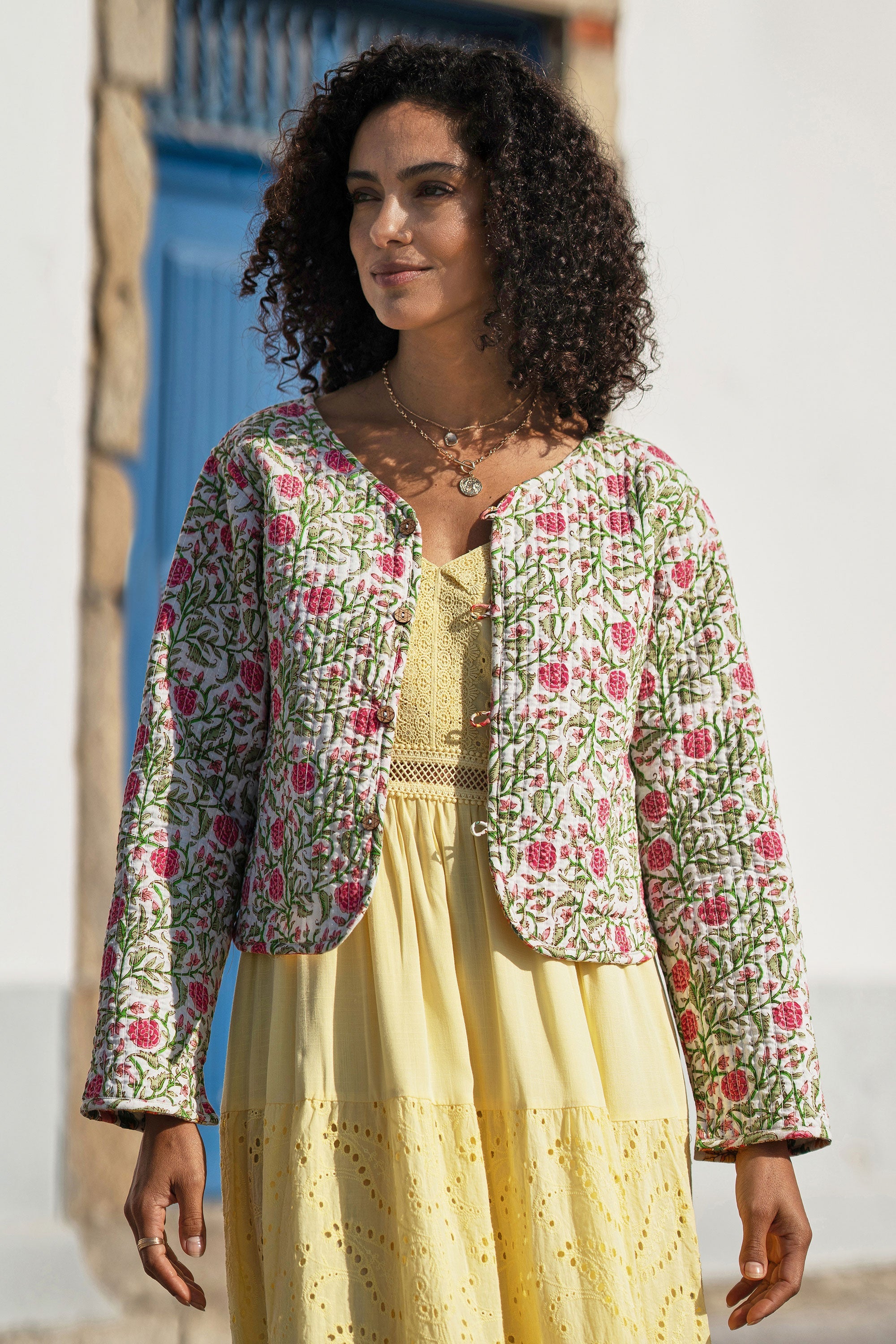Yumi White Boho Print Cotton Reversible Quilted Jacket - QHA UK
